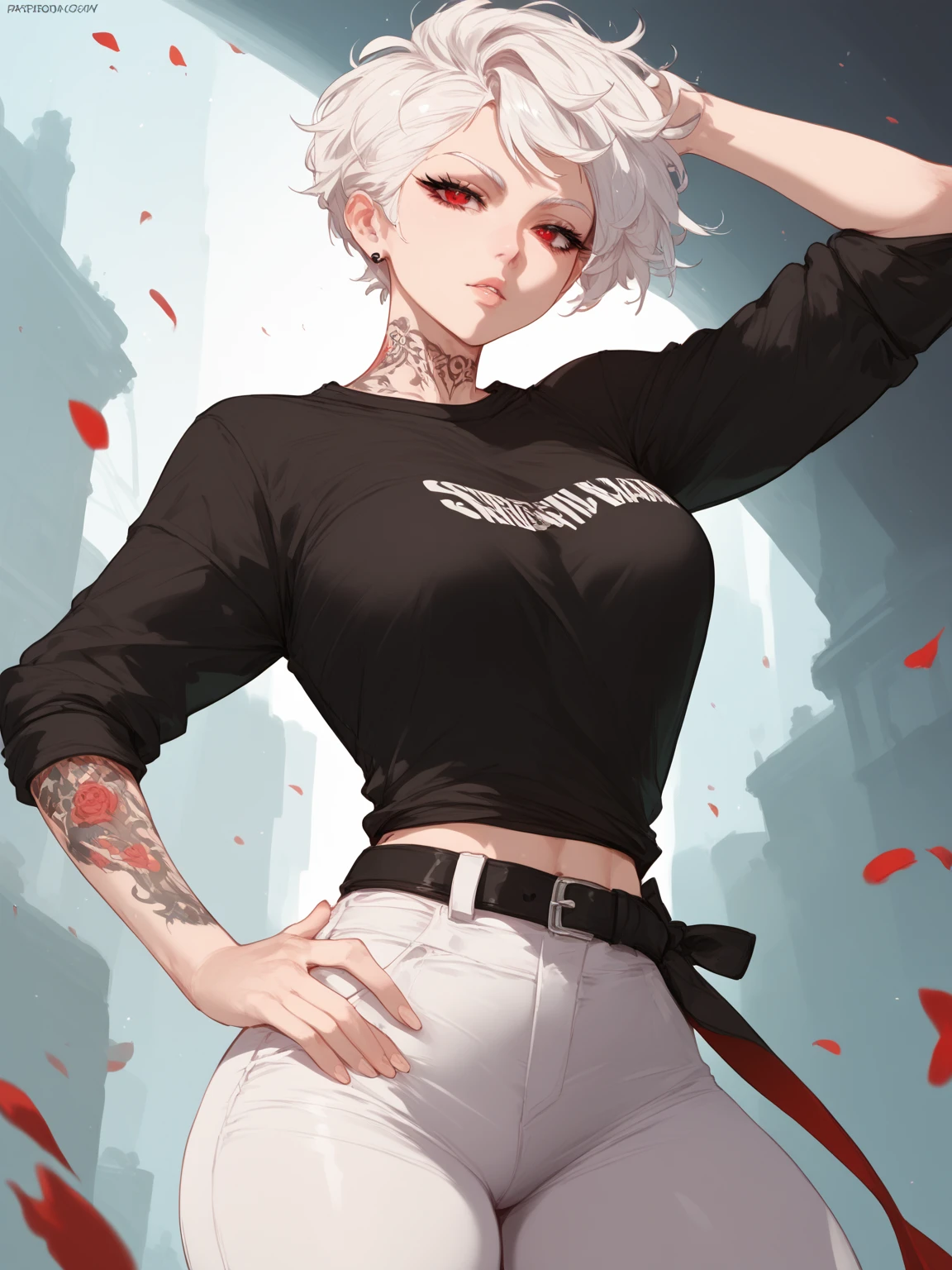 (detailed), 1girl,, very short cut and silver hair, Yellow eyes. black mouth, black lips, black lipstick. traditional japanese mansion. broad shoulders with a muscular build and abs. Big and detailed yakuza themed tattoos on her arms and shoulders. Choker and wear a tank top, tall. Yakuza, japanese, smirk pov from behind,. Back view