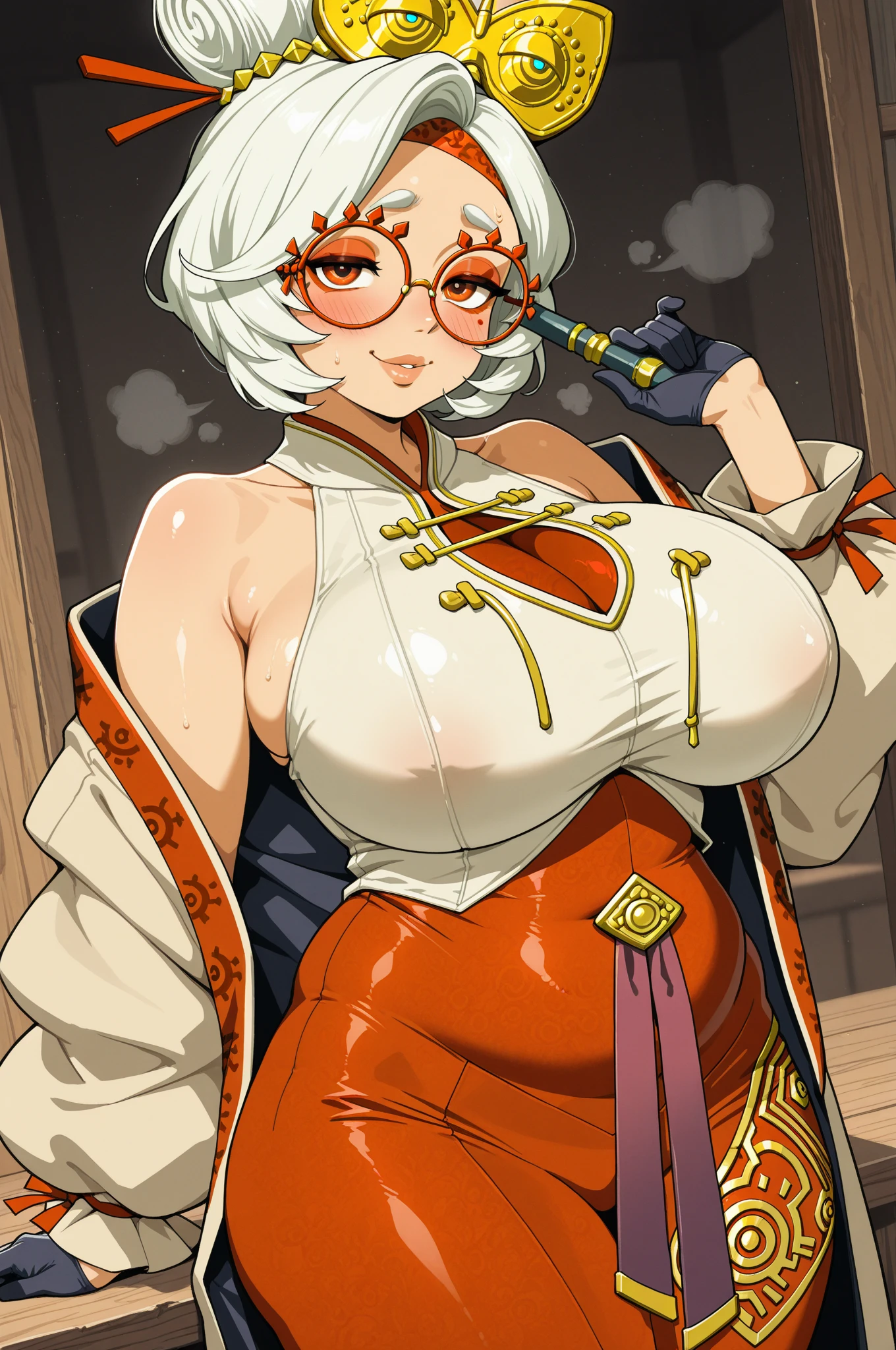 facing shot) of a (((beautiful))) Asian (((Oni female))) warrior, ((sitting with legs spread)) and holding on shoulder a ((massive iron mace)), (wepon), wearing (Tiger print short kimono), with ((thick curvy mature body)) yet ((muscular)), long and voluminous (white hair) blown by the wind, (2 long anime_Oni_horns ), reddish fair skin , (perfect detailed face features) expressive eyes with proud look , thick lips letting a provocative grin,