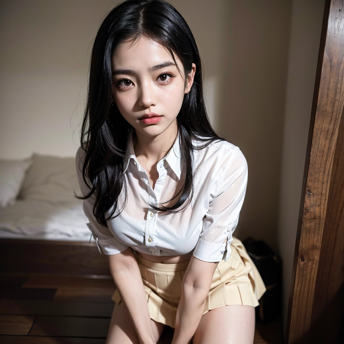 Raw photo, highest quality, masterpiece:1.2), highest quality, figure, Very detailed, Fine details, High resolution, wallpaper, Perfect dynamic composition, (Detailed high quality, Realistic depiction of eyes:1.3)、A woman who has been and has her hands tied、Arms wrapped around his back, hands tie behind back, Put duct tape over your mouth、Inside a beautiful hotel room at night、Crouching on the floor、Outside the window is a night view、 With legs wide open、(White underwear、Panty shot)、Blue Short Sleeve Blouse、(Tartan plaid pleated skirt)、whole body、The whole thing faces forward、17 years old、High school girls、Wearing loafers、Wearing knee-high socks、Beauty、Well-formed face、Make your eyes even、Beautiful black hair、Has bangedium build、Well-balanced proportions、Beautiful legs、Fresh face、Beautiful scenery、, Surrealism, cinematic lighting, first-person view, f/1.2, Nikon, cowboy shot, 8k, masterpiece, 8k, UHD, award winning, best quality, highres