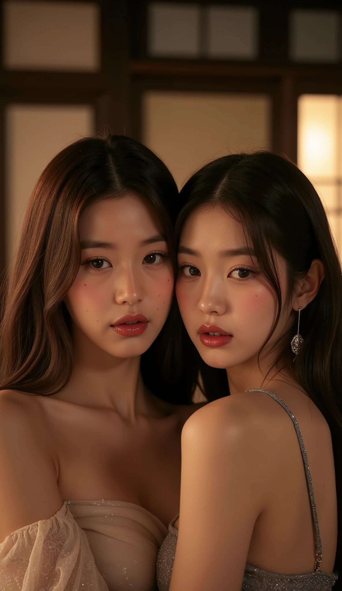 super high quality, masterpiece, Ultra High Resolution Realistic, RAW Photos, 16k、32K、 perfection, Professional Lighting, Ultra high detail,Very detailed, (((40 year old MILF:1.7))),((Two sexy Japanese women:1.5)),((Two beautiful women:1.5)), ((At a Japanese inn at night、In the :1.5))、(Ultra detailed face, 目 and mouth、Woman with super detailed eyes )、Woman with sexy face、((In a sexy floral lace bra and panties:1.5))、(((In a sexy pose:1.5))), ,((Delicate and sexy collarbone)),(((Smiling and looking at the camera:1.3)), (((Shapely small breasts、Cleavage))) 、Realistic textured skin、(((Balanced athletic build))) 、((Light brown long hairstyle:1.3)) 、Realistic lighting、Attractive gaze、(((Look directly into the viewer's eyes)), perfectionなダイナミックな構成、(((From head to thighs:1.9)))、((Glossy pale lips、White teeth))、((Please place your hands on your head:1,3)),((White skin)),((Realistic Face)),((Commemorative photo of the two:1.5))、
