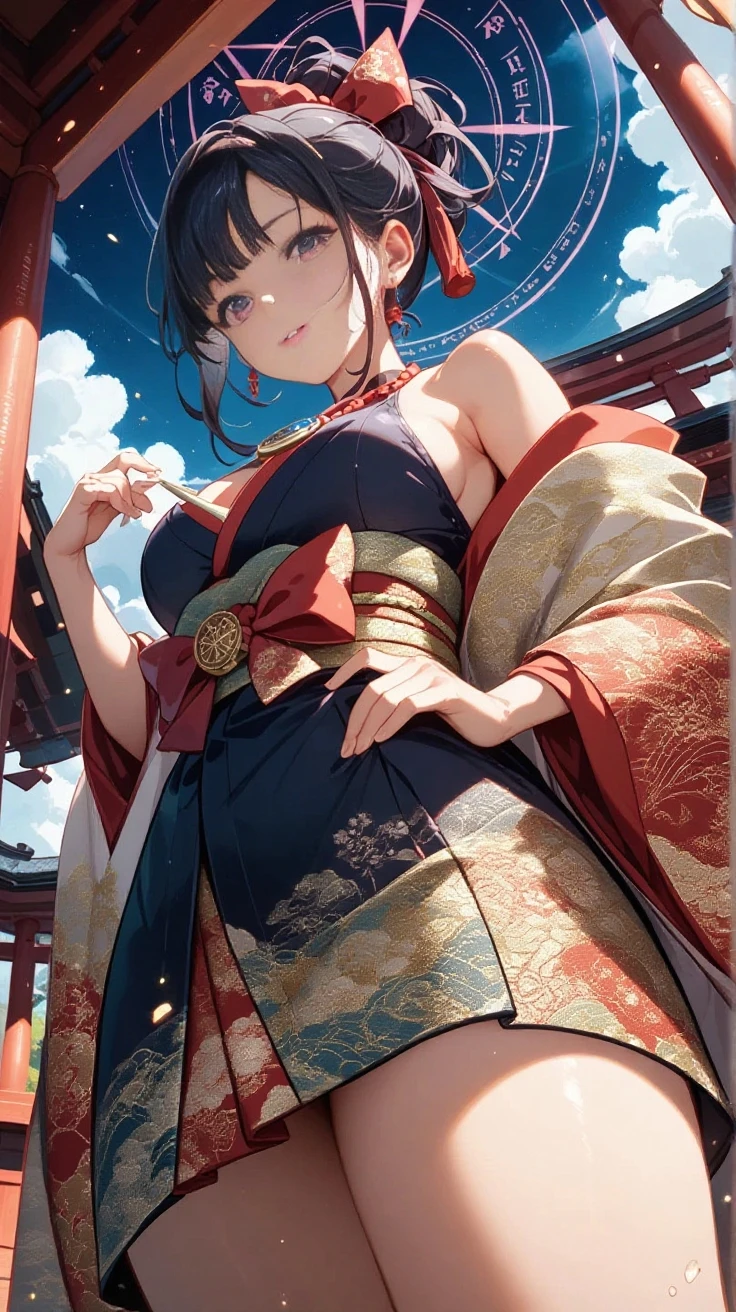 (((((roll up bandage sideways on a chest tightly to cover the chest without gaps))))), (((bandage samweways))),, ((Japanese Gangster BOSS)), adult woman with the dignified presence, Killing Qi, wear nothing around shoulder, wear nothing around neck, wear the kimono, wear it below the waist, (I wind it up to control it, and to attach it), ((kimono come off)) ,wear the kimono multiple times, Bare shoulders and the clavicle, black and gold kimono, put on over jacket of kimono, (holding a japanese sword which shine in purple, The handle of the sword is black, and the blade is gray, long sword), eye fire, low angle, whole body, anime character, Glaring, off sholder, nappropriate smile, Excellent, black blue hair, can see both shoulder, ((long kimono hem)), small face, ((some cherry blossam big tattoo on the arm)), ((background Japanese gate with circlr mark)),muscular,drink sake,fullmoon in the sky, The kimono is spreading,(((ultra-detailed))),super beautiful,Masterpiece,Killing Qi,Intimidation,zoom up, a person,Selfish person,in japanese veranda