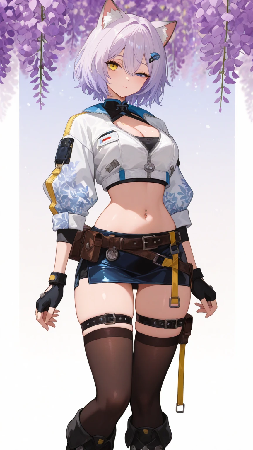(solo 1 mujer)El personaje de anime similar a Genshin Impact, an 18-year-old Swiss human woman, con pelo rojo magenta, A beautiful and symmetrical face, feliz y sacando la punta de la lengua con orejas de gato en lugar de cuernos, ademas de super cachonda y fogosa, (con una minifalda plisada corta y azul y blanco) Futuristic mountain clothing, con un collar joya egipcio y un adorno en el muslo derecho, con antecedentes de ciudad