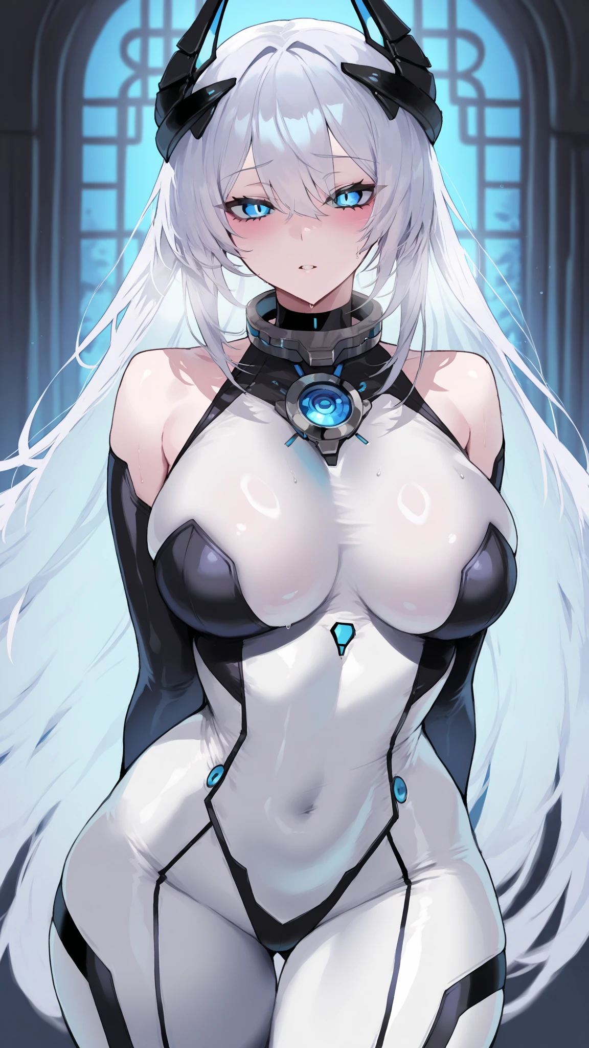 (((masterpiece))), (((best quality))), ((ultra-detailed)), (highly detailed CG illustration), ((an extremely delicate and beautiful)), cinematic light,((1girl)), solo, (upper body), (character focus), absurdres, high contrast, extreme detailed,colorful,highest detailed, science fiction, nanosuit, high ponytail, (light blue hair), yellow eyes, knee boots, (spacecraft interior), mechanical limbs, large breasts, metal wire,