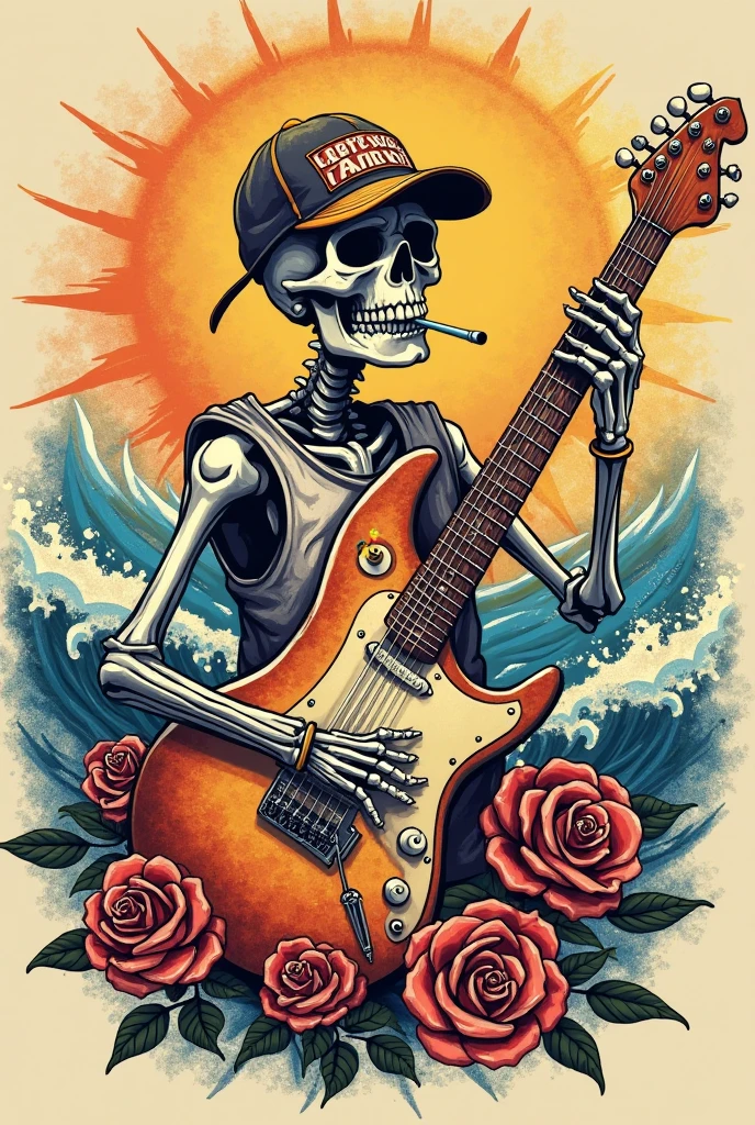 "Create a vibrant and rock poster for the 'Floridan Artist Musical Encounter'. in the center of the poster, features a stylized skull with an electric guitar, in a bold, artistic style that reflects the energy of rock. On both sides of the skull, Includes two additional skulls with details evoking Simon Bolivar, adding a touch of rebellion and character. The background should show a dormant volcano next to a waterfall, with intense colors and dramatic details to intensify the rock atmosphere. Add the text 'Floridan Artist's Musical Encounter' in large, bold letters, with the date and location of the event in a smaller font. The poster must transmit energy, enthusiasm and a rock vibe."