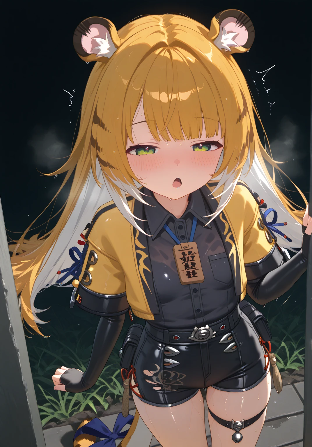 (whimpering),Cute little ,Tiny ,Small girl,,Childish face, Very fine clean face,Top quality, Big eyes,Straight Hair,Yellow hair,Crimson Eye,(Dark Room), Subtle light, Soft lighting,Light from directly behind, (Are standing),Front view,prison
