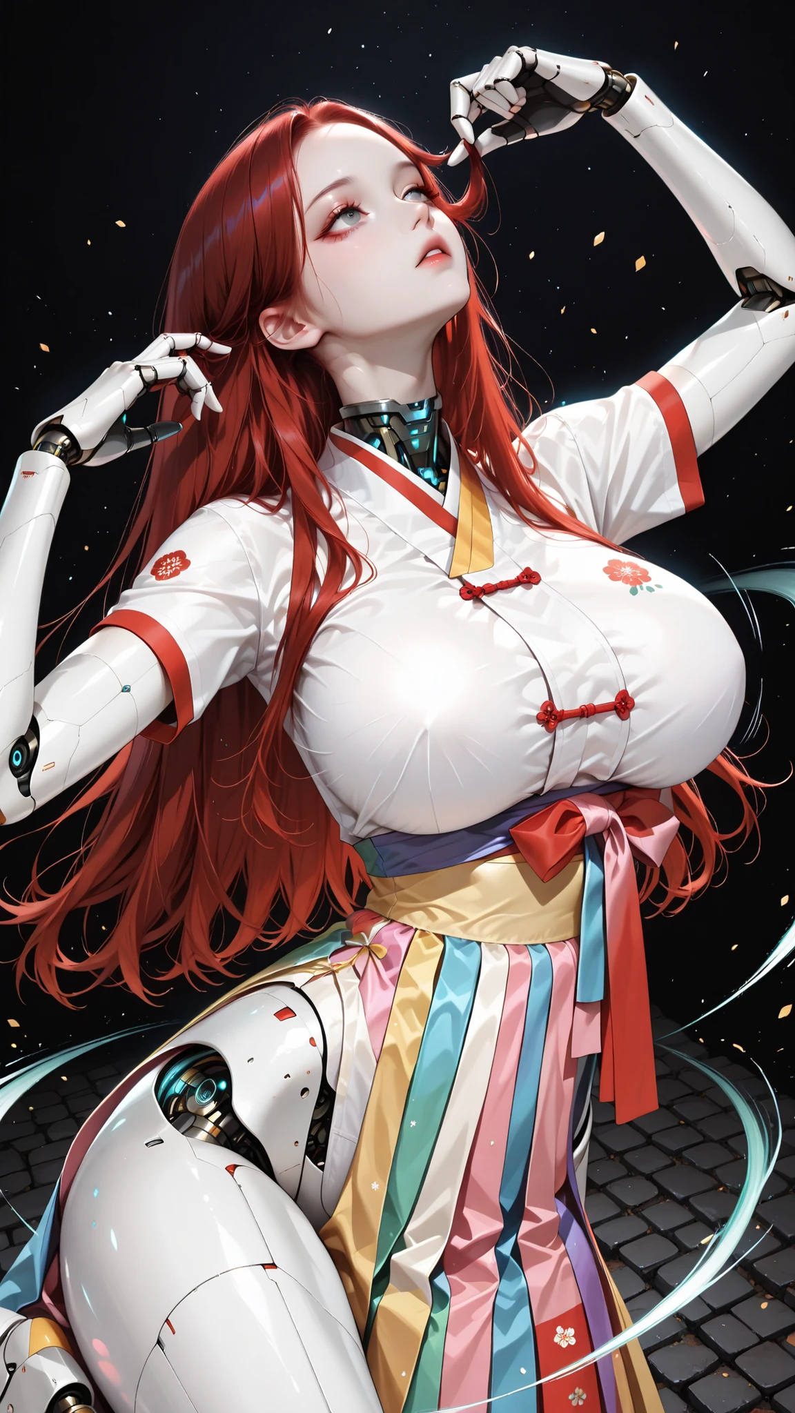 masterpiece, best quality, vibrant, very aesthetic, high contrast, (semi-realistic), newest, koreanai, best_quality, finely_detailed_eyes_and_detailed_face, (1 girl, solo, centered composition),long_hair, straight_hair, no bangs, forehead, gray_eyes, (huge_breasts, skinny, large_hips), BREAK, robot_arms, robotic_limbs, robot_core_visible, robot_shoulders, rocotic_eyes, hanbok_2024, colorful hanbok, short_sleeves, BREAK,holding_folding_fan, hands up, raised_arms,arms wide open, twirling motion, dramatic dancing_pose, mid-motion, dramatic gesture, dynamic_pose, spinning motion, BREAK, traditional korean house yard, night, dark, moonlit night, dynamic_angle, black_background, (tilted head up, upward gaze,looking_up), (dark_red_hair), cowboy_shot