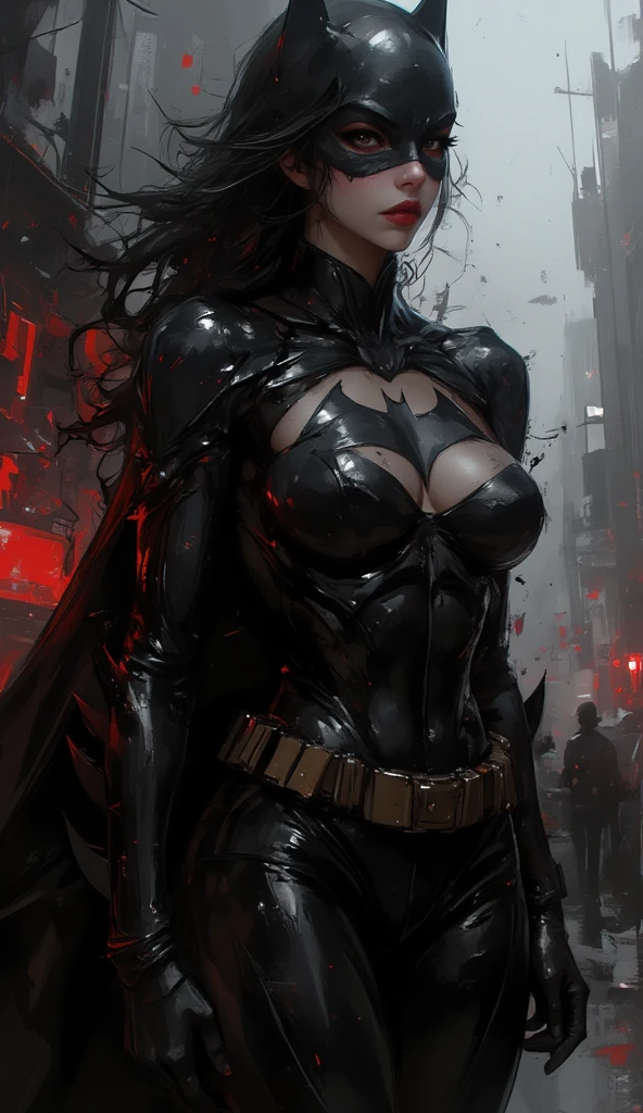Scene from the movie, close-up shot of Sexy Woman dressed as Batman Beyond from DC, big breasts, distorted space, distorted undead in the background, lens flares, light shafts, intricate details, highly detailed, volumetric lighting, 4k rendering, stock photo, hyperrealistic, realistic textures, dramatic lighting, Unreal Engine