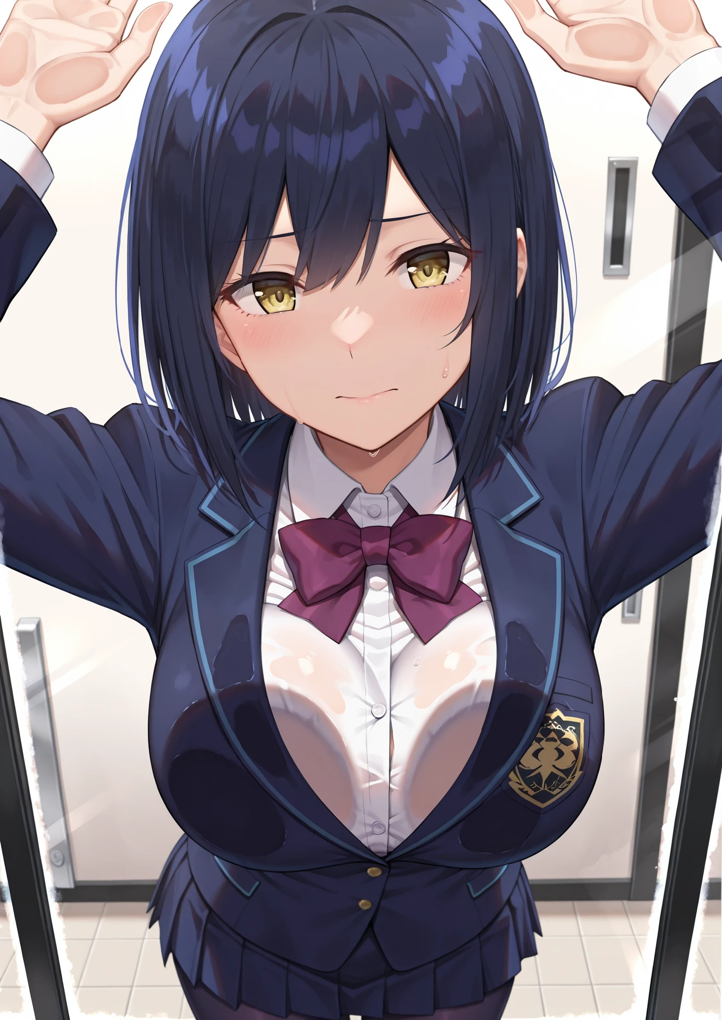 solo,masterpiece,best quality, amazing quality, highres, absurdres, very aesthetic, high resolution, ultra detailed, perfect details,nijirin,medium breasts,yellow eyes,blue hair,black hair,moles,medium hair,nijirincos,white shirt,collared shirt,purple bowtie,blazer jacket,blue jacket,closed jacket,blue skirt,miniskirt,pleated skirt,dark blue pantyhose,(masterpiece, detailed:1.2)、look at viewer,mature female,against glass,breasts on glass、cheek press、embarrassed、arms up、breast press