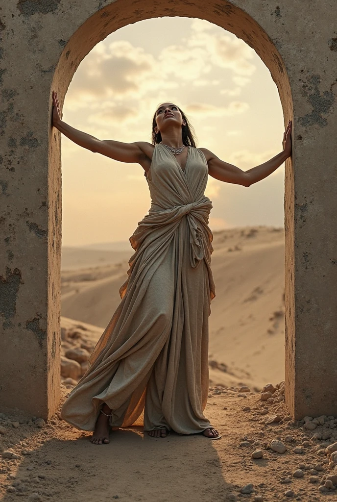 A tall thin waif standing on a bolder rock triumphantly, 8k,