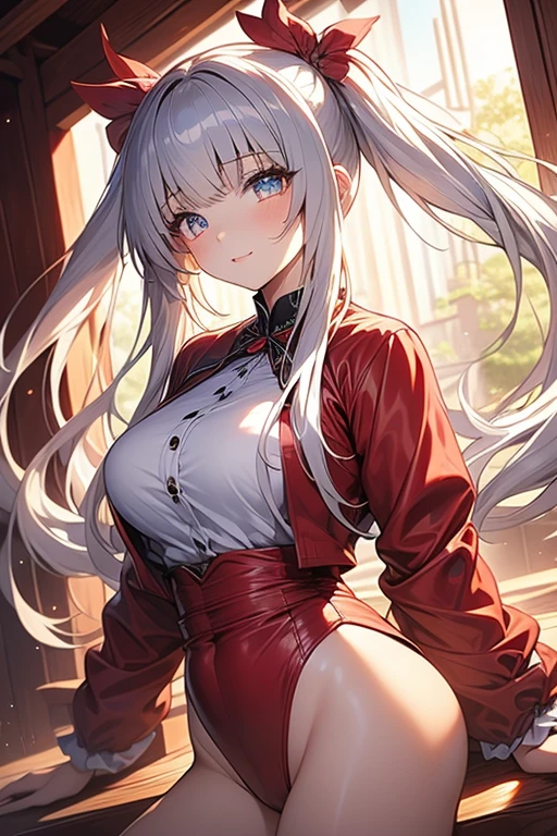 Silver hair, pink eyes, body, cat ears, sexy girl, earrings, flower background, red uniform, hair bows, happy face, thigh up