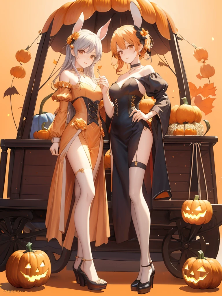 Pair shot, cute 2 anime girls (dancing in front of a bonfire), (2Girls, pair:1.2), cozy wallpaper, anime moe artstyle, kantai collection style, 4 k manga wallpaper, anime visual of a cute girl, anime wallaper, anime style 4 k, trick or treat, halloween, Jack O lantern, basket filled of many candies, ((high detailed witch outfits:1.2, robe, witch's pointing hats)), (vampire costume:1.2), ((dark chestnut medium short hair:1.25, updo, wavy hair)), outdoor, in a park, (blurry background, bokeh), (in a night:1.2), ((ultra high resolution, 8K RAW photo, photo realistics:1.2)), textile shading, fine detailed face, beautiful detailed eyes, ultra detailed smooth skin, (looking away, laughing), (correct anatomy:1.5), (dutch angle, wide shot:1.3), from behind,