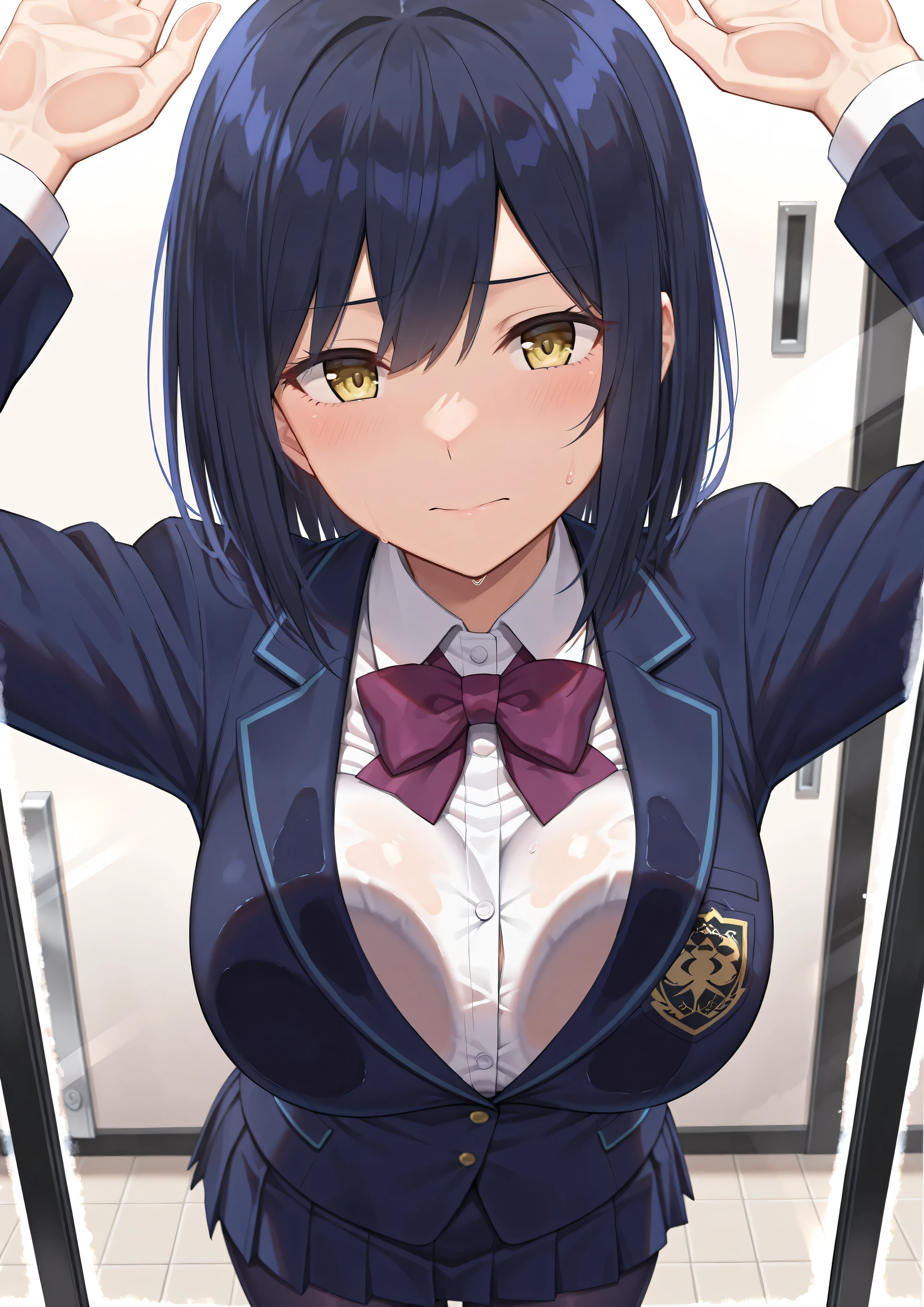 solo,masterpiece,best quality, amazing quality, highres, absurdres, very aesthetic, high resolution, ultra detailed, perfect details,nijirin,medium breasts,yellow eyes,blue hair,black hair,moles,medium hair,nijirincos,white shirt,collared shirt,purple bowtie,blazer jacket,blue jacket,closed jacket,blue skirt,miniskirt,pleated skirt,dark blue pantyhose,(masterpiece, detailed:1.2)、look at viewer,mature female,against glass,breasts on glass、cheek press、embarrassed、arms up、breast press
