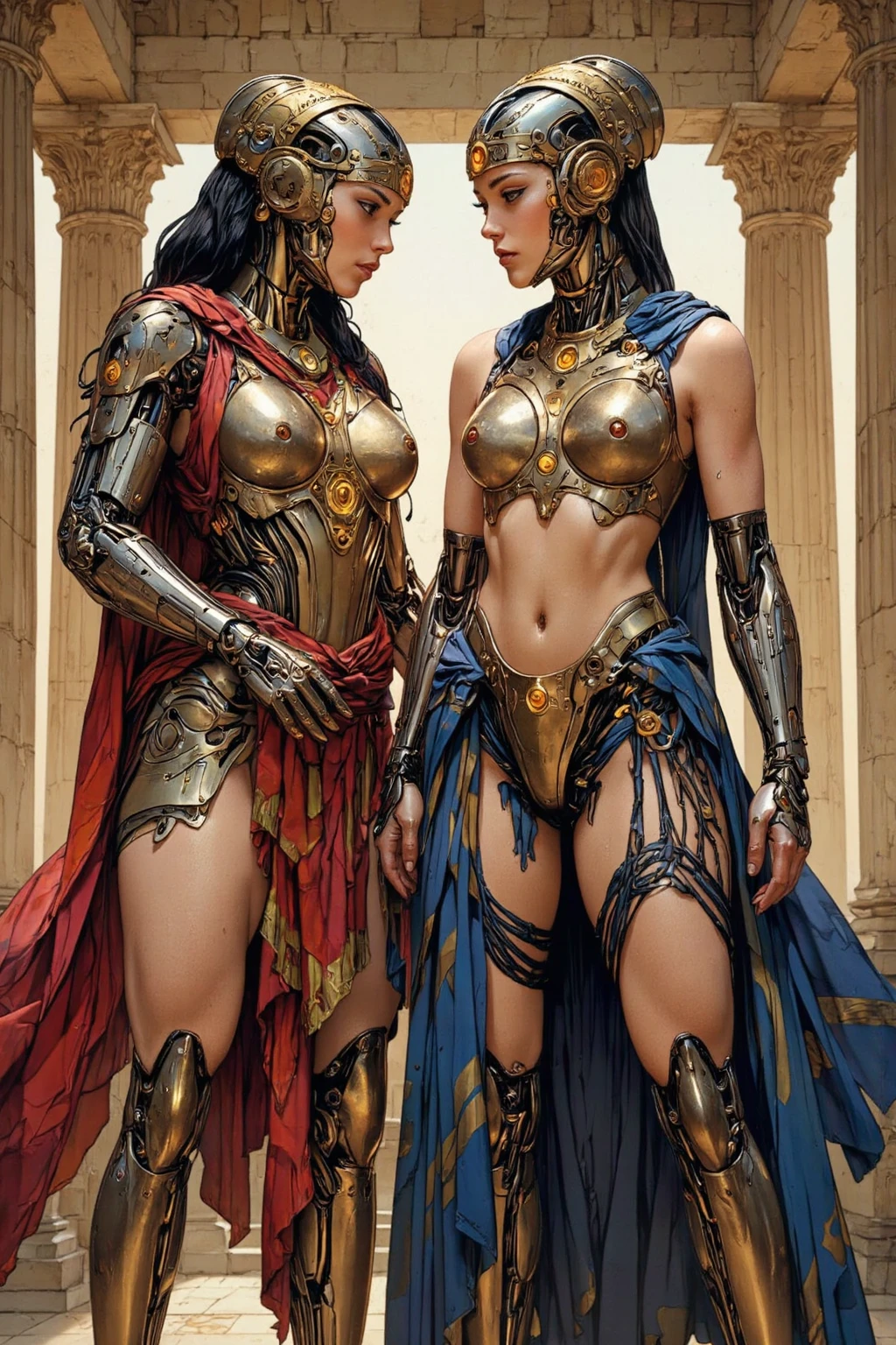 2 beautiful female courtesans kissing each other passionately, dungeons and Dragons 5th edition fantasy illustration, highly detailed cinematic fantasy portrait, black outlining, full color illustration, in the style of BORIS VALLEJO & JULIE BELL, masterpiece, 8k, ultra-detailed, physically-based rendering, vivid colors, dramatic lighting, dramatic pose, intricate background,long flowing hair, elegant headdress, ornate costume, flowing fabric, fantasy, photorealistic
