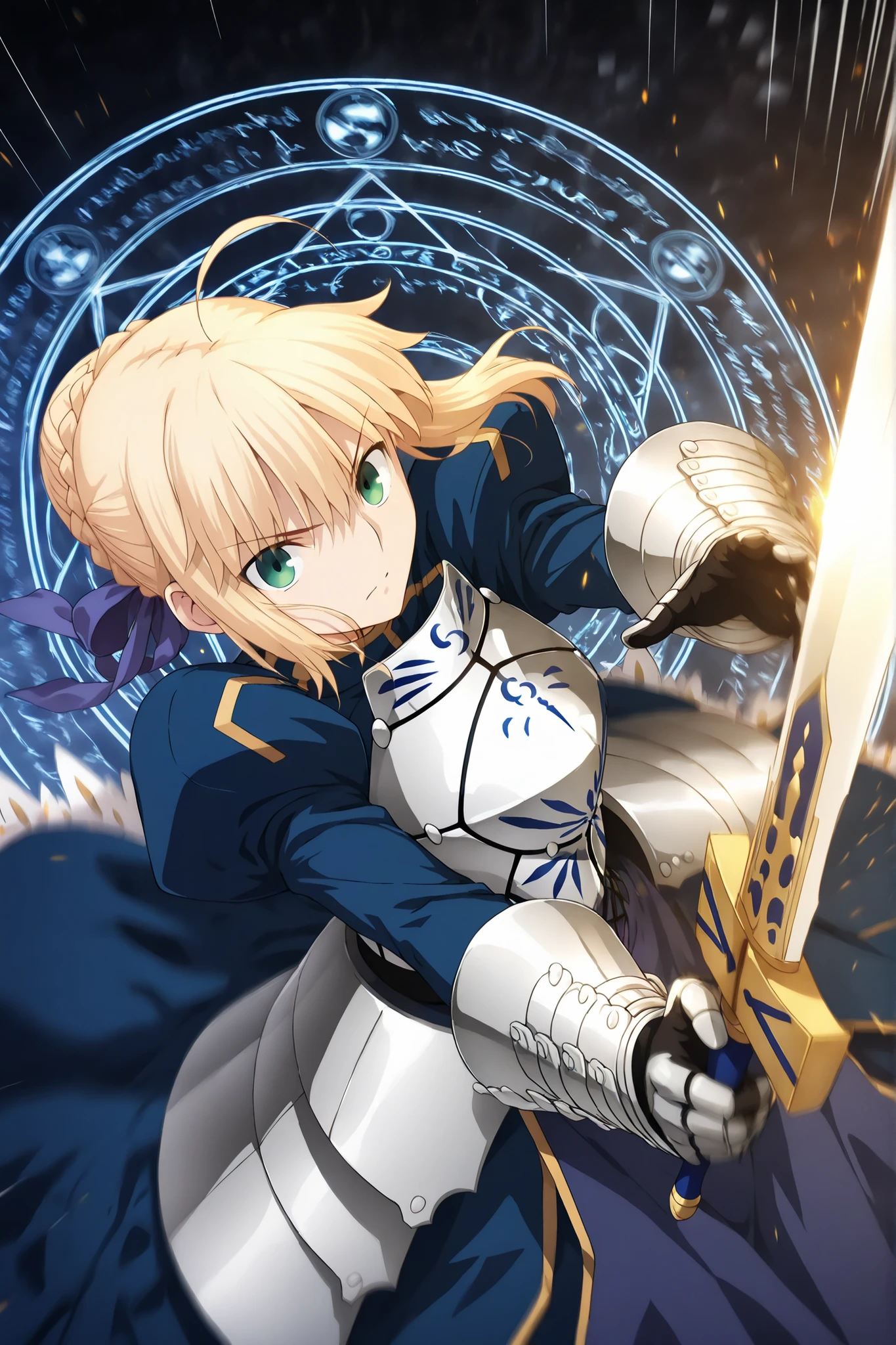(wide angle:1.5), (strong perspective:1.5),(dynamic dutch angle:1.5),(motion blur:1.5), portrait of Artoria pendragon  with a strong perspective, , saber (fate),face centered in the frame, exaggerated depth, with the face appearing closer and the background fading into distance, blonde hair, green eyes, ahoge, hair ribbon, blue ribbon, french braid, braided bun, single hair bun, short hair, sidelocks,  turtleneck, blue dress, breastplate, armored dress, long sleeves, juliet sleeves, gauntlets, faulds, long dress,,(dynamic action pose),(swinging a sword),superhuman, ,Dynamic battle scene in night battle field, digital art. Infuse the scene with dramatic dynamism, blending glitch and binary art styles inspired by Anime & Comic Books. (concentration lines inspired by Anime & Comic Books).(magic circle inspired by Anime & Comic Books).(viewed from above:1.5),The digital artwork shall exude an air of rousing action and intensity. The artist shall remain unknown, leaving viewers captivated by the enigmatic creation,
