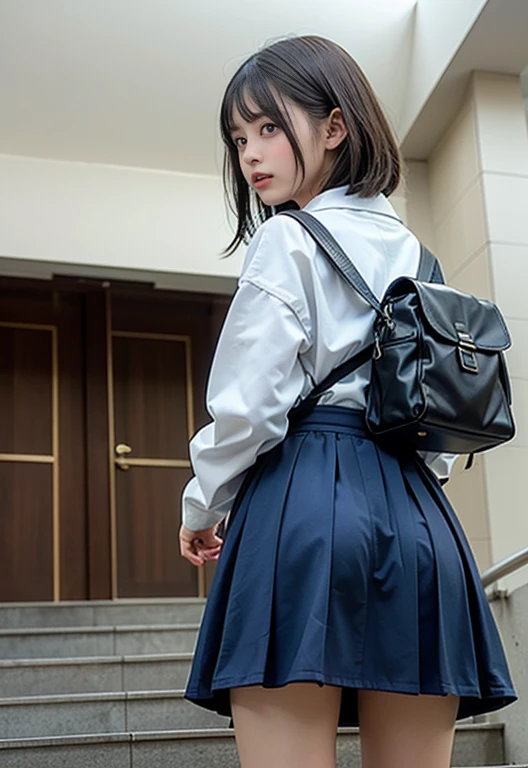 (((Accidental exposure, 15-year-old girl, Sailor suit, rucksack, Skirt caught in bag:1.3, I flipped up my skirt, Beautiful ass, panties))), (masterpiece:1.3), (8k, Realistic, RAW Photos, Highest quality: 1.4), Japan , (1 girl), Beautiful Face, (Realistic face), (Black Hair, short hair:1.3), Beautiful hairstyle, Realistic eyes, Beautiful Eyes, Beautiful Eyes, (Realistic skin), Beautiful Skin, Long legs, charm, Ultra-high resolution, Golden Ratio