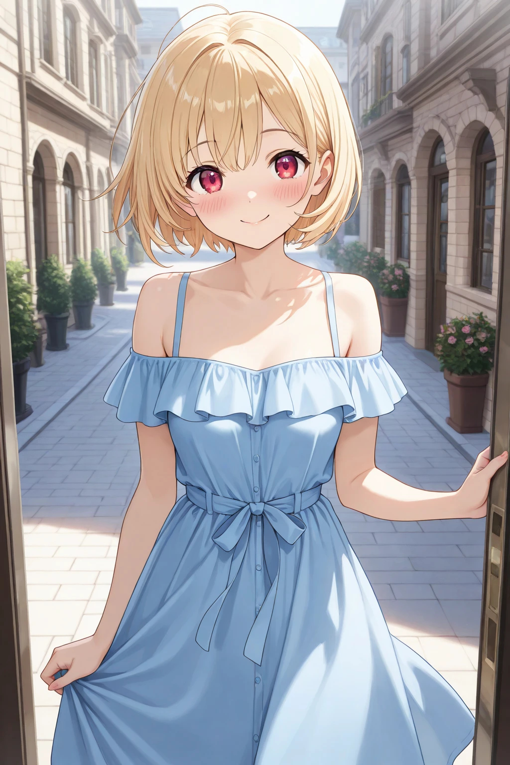 Satoko Hojo, One Girl, (blonde), Red eyes, short hair, hair band, Small ,  alone, chibi, chibi figure, On the beautiful balcony of the palace、A woman in an evening dress is standing。The balcony offers a beautiful view..、Her gorgeous outfit stands out。
