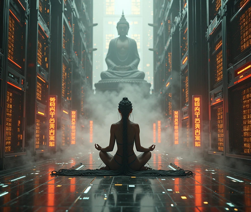 Buddha(played by scarlet Johansson), Meditation in the middle of the metropolis, Cyberpunk city, Cyberpunk meditation
