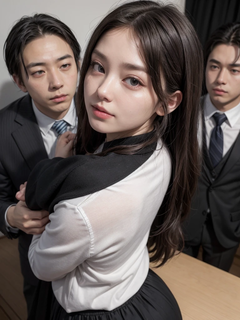 Quarterview, 8k photo image, masterpiece, 最high quality, super resolution, Beauty with brown curly hair, ((korean beauty)), With bangs, Impossibly cute face, and slim, small breasts, high quality, T Masterpiece, exquisite features, she looks sad, delicate eyes, delicate hair, 8K quality, Pale light and shadow, Dindal effect, young country, Erotic scenes, rock, (element), Dark black background, (Group molesters:1.3), 1 korean girl, (Image from below front), She was finger raped by several men, (((In the office room in Korea))), (((She is forced to stand between men and is finger-raped:1.3))), (men are standing around her), (wearing her business blouse and miniskirt), (super beautiful face), (her slim clothes were torn, Her underwear is torn and her skin is visible., pink nipples, thin pubic hair),She is behind the corner of the office, ( She was grabbed breast and ass by the man, The men cupped her buttocks with their hands.:1.3), (her clothes were torn and torn:1,3), (NSFW), (((Her pantyhose is torn and the bottom is exposed.))), (Her miniskirt is being lifted up from below by men.), (((The mans hands are touching her crotch and raping her with his fingers))), (((A man puts his hand inside her skirt))), (((man pulls her skirt))),(((she looks embarrassed))), (((she looks confused)))), (((There is no other woman than her))), ((night)), ((sunless))