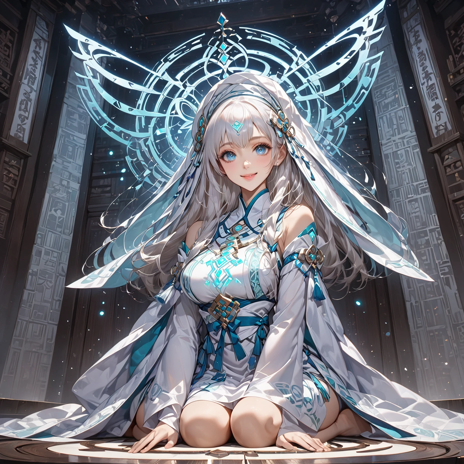 ((Extremely detailed CG unity 8k wallpaper)), masterpiece, Extremely detailed, floating, high resolution, Sexual suggestion, (small, Absurdly long white hair, Princess, White Mage, blue eyes, (Gorgeous White and Red Sheer Layered Maxi Dress，With detachable wide sleeves and intricate embroidery), Wedding Veil, ring, Bridal Gloves, blush, Shy, arching back, Ruffled petticoat, Gorgeous corset,