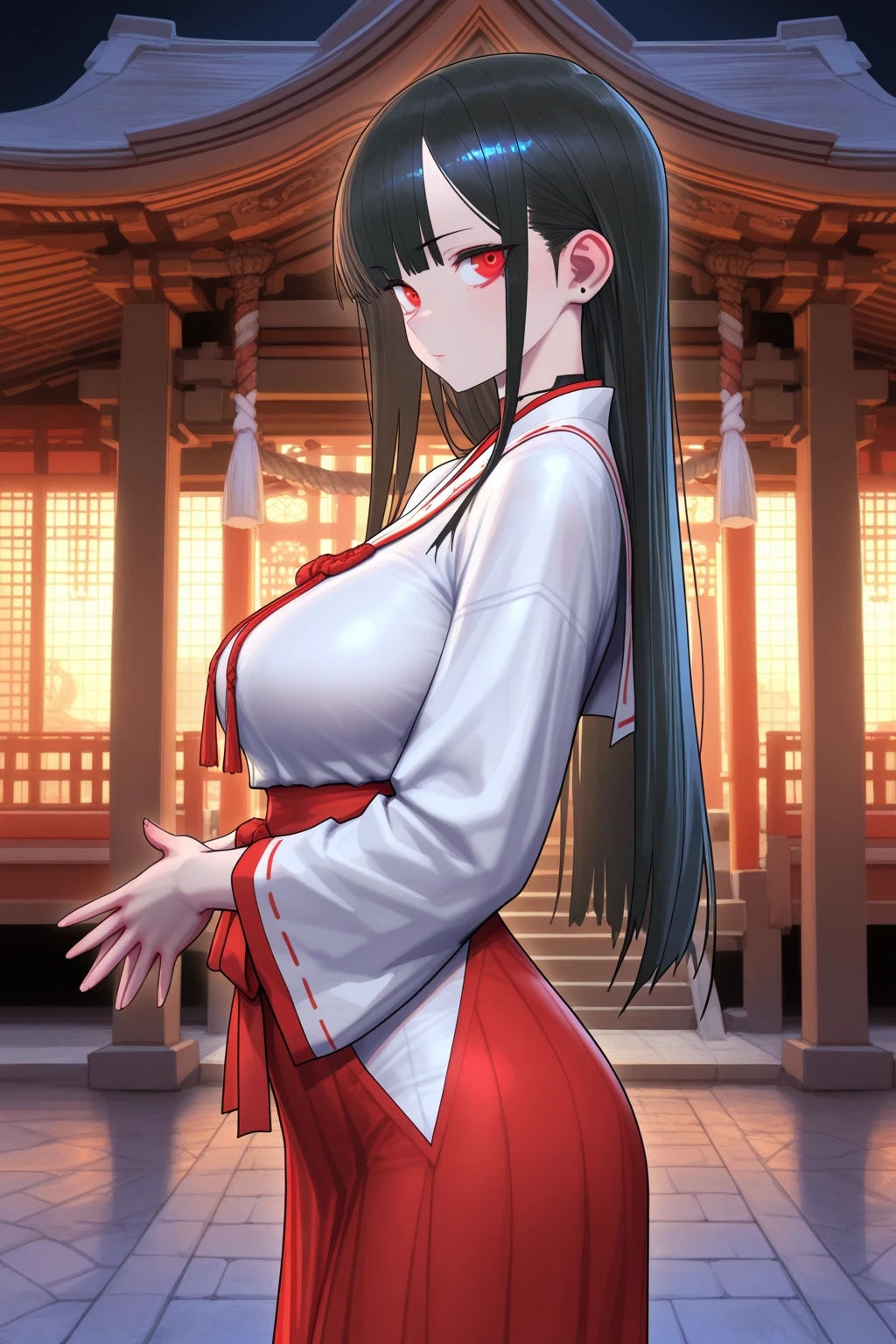 Girl in Japanese shrine maiden outfit, smile, Showing her breasts, (Huge breasts:1.6, Cleavage, Black Hair, Long Hair), White hair ornament, ribbon,White kimono, Shoulder-exposing sleeves, open-chested costume, Short skirt, Red Skirt, (upskirt), cameltoe,