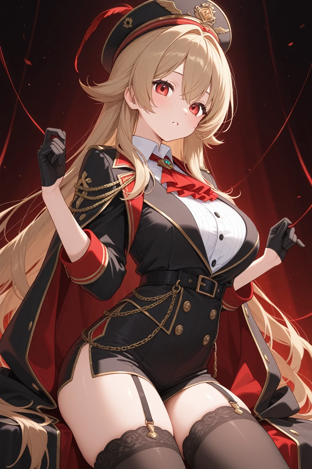 (hyper extreme detailed),(masterpeace),(hyper extreme),(photorealistic),CG,(colour:1.1), beautiful lighting,light from the front,solo,1girl,
<lora:Nelson:1>,nelson,blonde hair, twintails, red eyes, white dress, red jacket,short dress, thigh_boots,