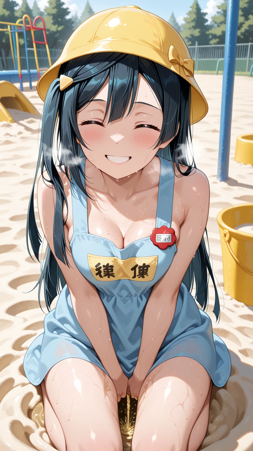 smile　Nudist wiping cutely, hatunemiku、Torn clothes are scattered around、Unstable buoyancy sandstorm、amazing dynamism、great angle、Sun visor