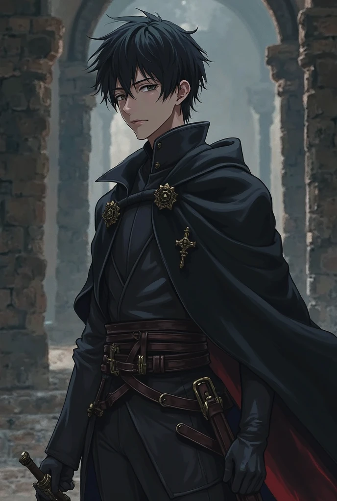 young man with light skin, Blue eyes, short black hair, slim build, gaze, black vestments, Middle Ages, of the demon-arm. located in a poor old European town in the middle of the mountains. 