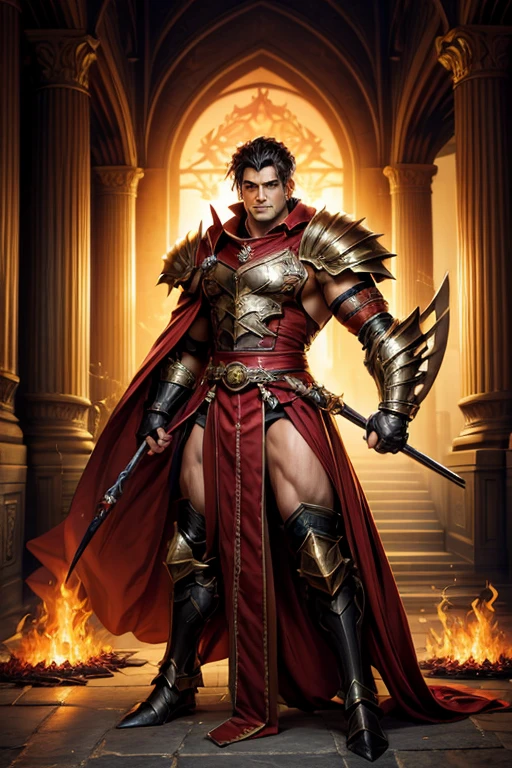 Relaxing on a fiery throne, the god of fire, a handsome man with black hair, exudes power with intense glowing red eyes and large pectorals. His pose is majestic, bathed in dramatic cinematic lighting, creating an atmosphere of divine authority. Large pectorals, open legs. Attractive male, sexy masculine, handsome male