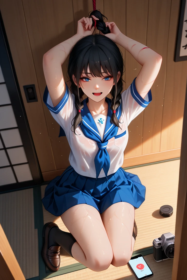 Cornflower art, dreamy, (masterpiece, top quality, perfect anatomy, beautiful face, realistic, super detailed, 1 girl, 18 ears senile, solo, depth of field, canon 24mm lens, f1.4, cute_girl, sailor_ collar, clear facial features, short sleeves, small breasts, slender height, height 150cm, barefoot, double ponytail, bangs, gravure pose, indoor, slouch, Chest gap jungle, blurred background, (Uwabaki: 1.1576)) whole body, clear liquid dripping from the crotch, the front of the shirt is exposed, breasts are visible, transparent bra, light blue striped buns, erotic, , NSFW movie, strange, beautiful pee, holy water,