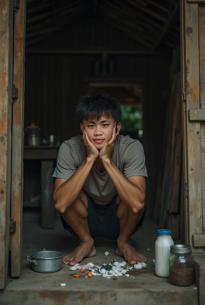 A serene scene of a young man with a soft, fair complexion and a fit figure sitting on a small wooden stool. He is wearing a traditional patterned sarong and a modest top, kneeling while washing a large pile of dishes in a simple outdoor setting. The concrete ground in the backyard is slightly wet, with water gently flowing into a basin. The atmosphere is peaceful and reflective, capturing the simplicity and beauty of everyday life, with many dishes waiting to be cleaned