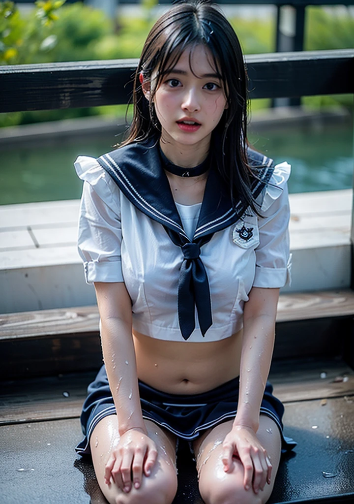 最high quality、high quality、best image quality、8k、最High resolution、High resolution、最high quality、masterpiece、RAW photo、whole body写真、Realistic human body in every detail、Realistic skin in every detail、Realistic face in every detail、Realistic eyes down to the details、Realistic lips in every detail、Realistic teeth in every detail、Realistic ears down to the last detail、Realistic hair down to the last detail、Realistic arms down to the last detail、Realistic reproduction of every detail、Realistic fingers in every detail、(fine hands、thumb１reference４)、Realistic feet in every detail、Realistic feet in every detail、Realistic breasts down to the last detail、((beautiful japanese girl))、(japanese model), (japanese woman)、((18 year old beautiful girl))、(black hair)、(straight hair)、(ponytail)、((whole body))、((beautiful upturned chest))、(stylish slim style)、(whole body光沢肌、Fair skin)、Detailed and realistic human body、detailed realistic skin、detailed realistic face、detailed realistic arms、detailed realistic fingers、Detailed realistic feet、detailed realistic breasts、sailor suit(Summer use)、sailor suit(Winter use)、sailor skirt、japanese school uniform、soft natural light、((school fountain square))、((Great Fountain、Fountain with powerful water gushing out))、((sit in front of the fountain(バックにGreat Fountainが見える))、((It gets wet and see-through(クロップトップsailor suit、Sailor Mini Skirt))、((bathing in fountain water(Soaked skin from head to toe))、((Water dripping from the skin))、((You can clearly see your body line even through the uniform.(My uniform gets wet and sticks to my skin))、((water dripping from uniform))、angle from below