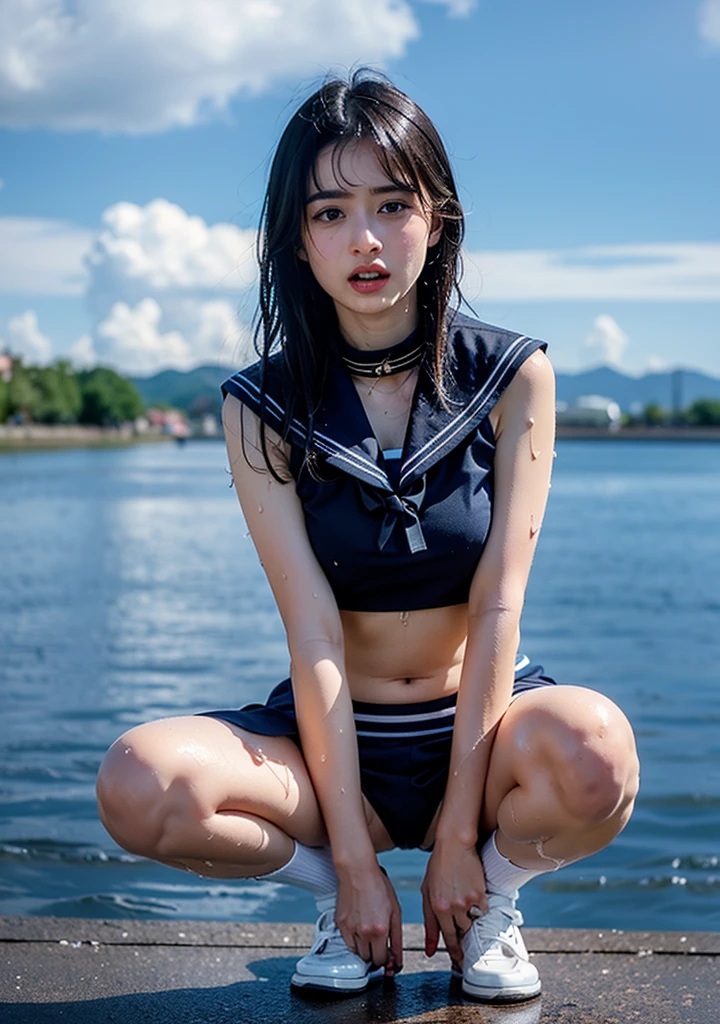 (((Inside the submarine)))、((highest quality)), ((masterpiece)), (detailed), One girl, ((Short sleeve navy blue uniform))、Beauty、((high school girl))、uniform、seifuku、Navy Blue Skirt、Same color uniform and skirt、Strong winds、Skirt flipped up、My hair is blowing violently in the wind、((White panties))、((White panties))、((Pure White Panties))

