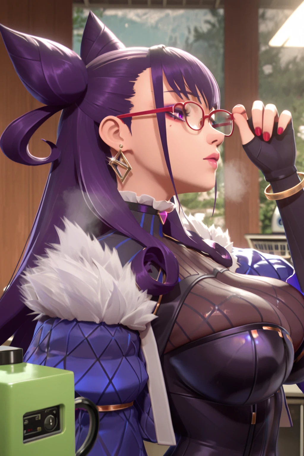 1 girl,(solo),(high-level image quality),(hight quality),(hight resolution),(detailed),(masterpiece),(artwork:1.2),(realistic),(semi-realistic),looking at viewer, standing,Detailed eyes, perfect face, perfect eyes, Detailed face,(soft shading),purple eyes,purple hair, (long braid), (futuristic leotard), fingerless gloves, (soda machine),(barclub background),(erect pose),(below glasses),thong,(portrait:1.2),smile, cleavage,drinks,