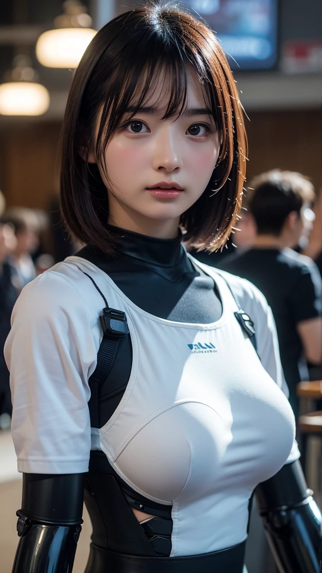 High resolution、Photorealistic、Hyperrealism、Slender body、Realistic、Beautiful Japanese Women、Black-haired、Medium Bob Hair、bangs、Detailed face、Detailed lips、Beautiful Eyes、Glowing Skin、one person、Ideal beauty、30 years old、((Big Breasts))、(The backdrop seen by the audience on stage at the show)、((((Stand upright on stage, Look down, Close ~ eyes, sleep, Unconscious、Clothing)))), (((((Black racing suit、I like police uniforms, Black and grey mech, Wearing a military harness, Has a submachine gun))))), ((Cowboy Shot, From below))