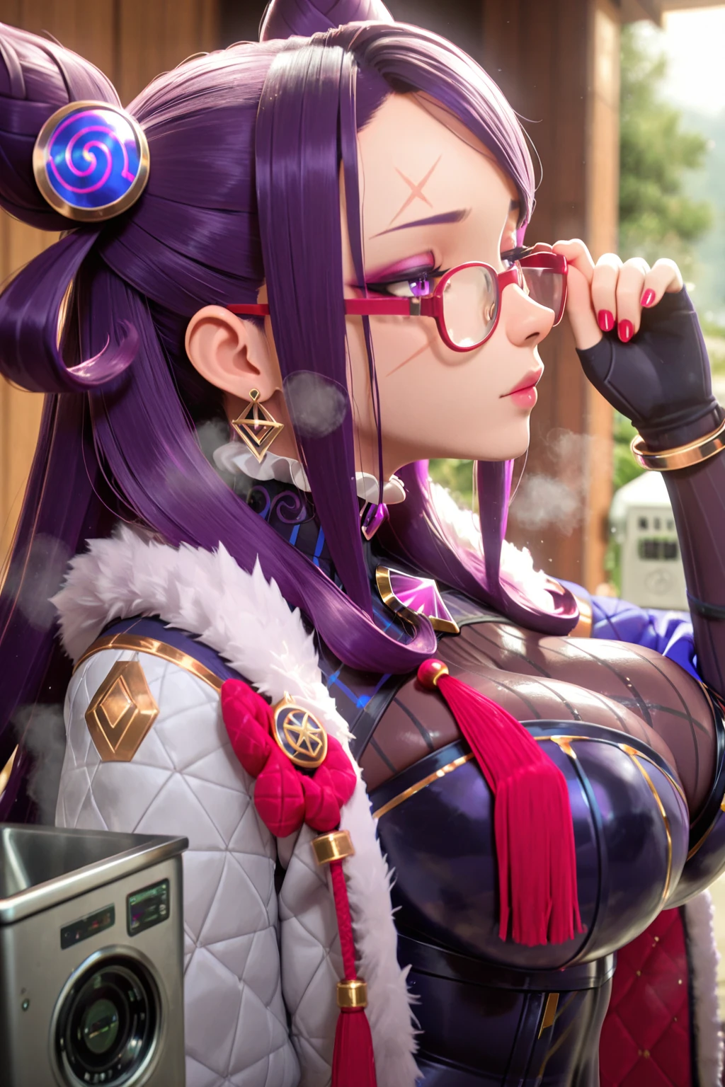 Chinese Idol Metallic Purple China Long Dress Purple hair eye glass Lying on a desk in a classroom ((A MILF)) Beautie Cute teasing smile bbw full of sweat Skin shiny with sweat