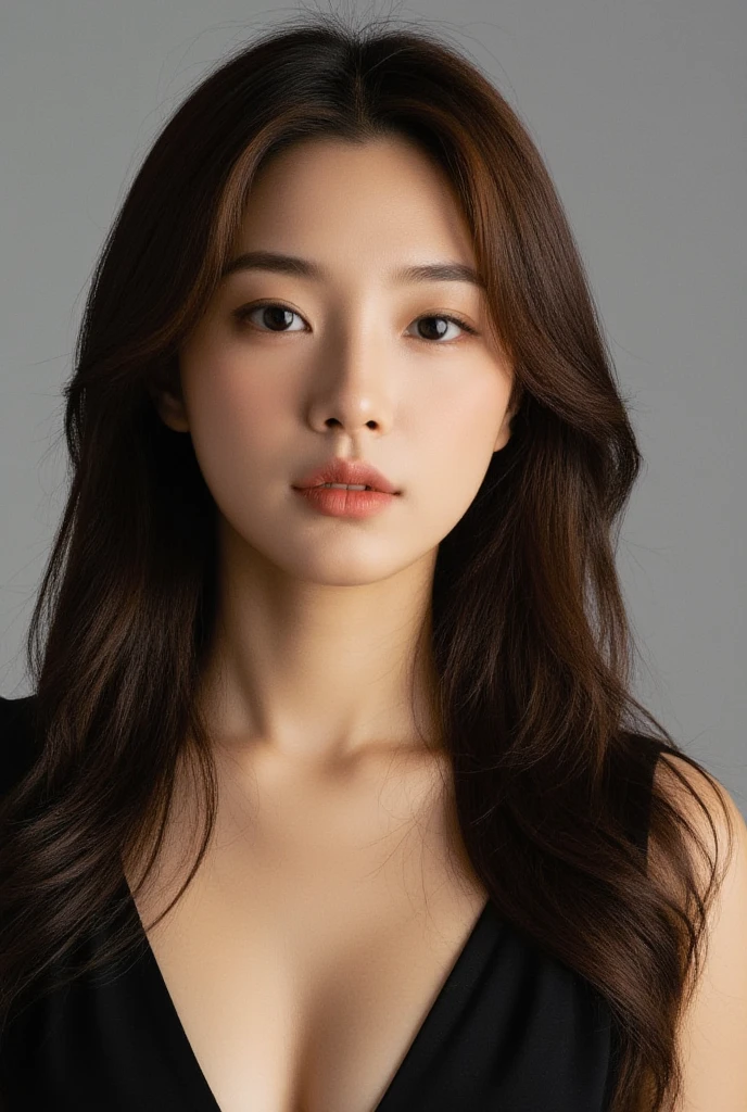 masterpiece, best quality, ultra-detailed, ultra high res, (photorealistic:1.4), raw photo, (realistic:0.2), 8k HDR, realistic lighting, 1girl, solo, (looking at viewer), smile, asymmetrical long hair, (detailed skin), (detailed face), (simple gray background :1.1), (full body:1.5), simple dress, sleeveless,