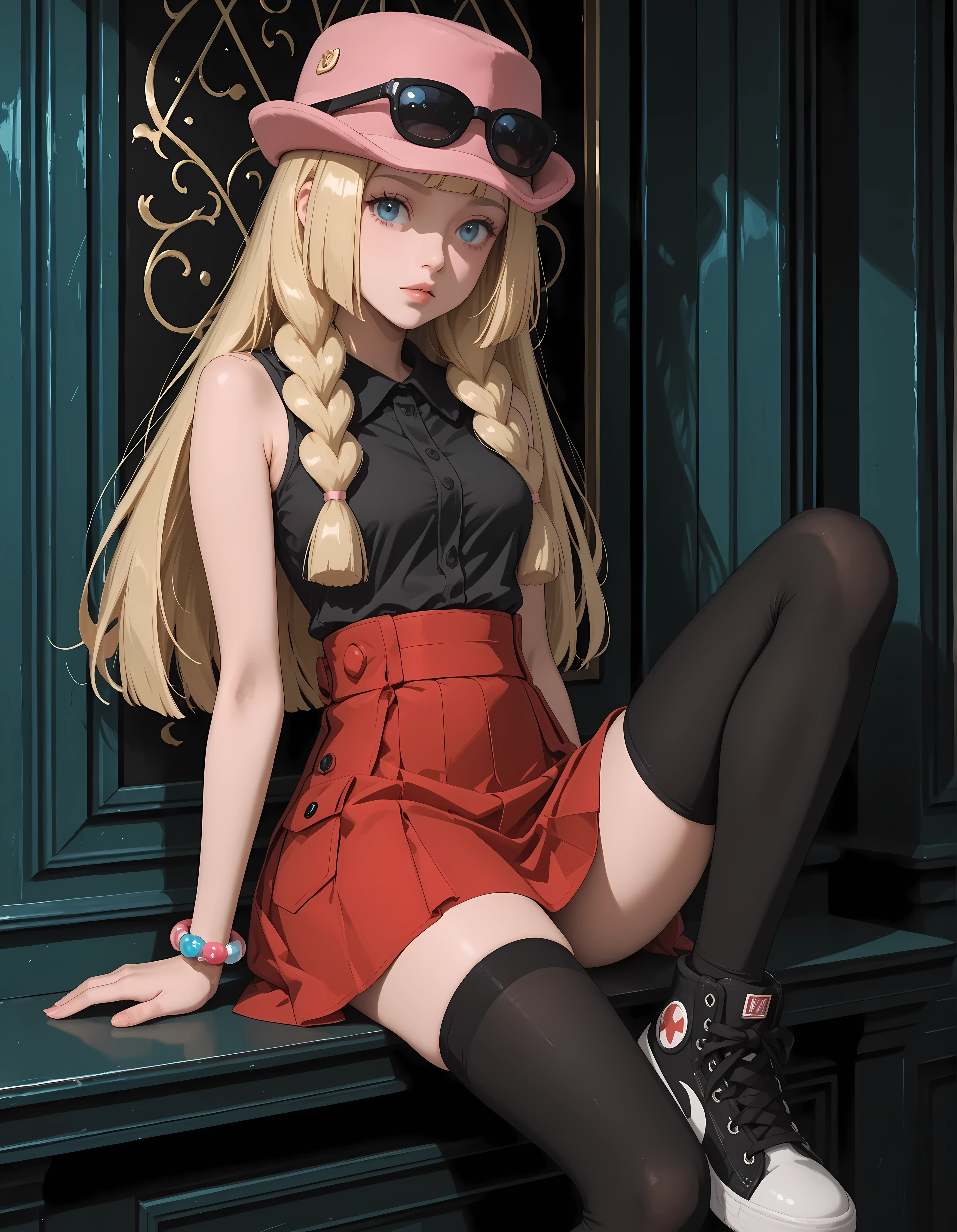 Lillie, blonde hair, long hair, blue eyes, seated. Dressed as Serena, sleeveless shirt, sleeveless black shirt, bracelet, high-waist skirt, red skirt, black thighhighs, sunglasses, pink hat, black sneakers.