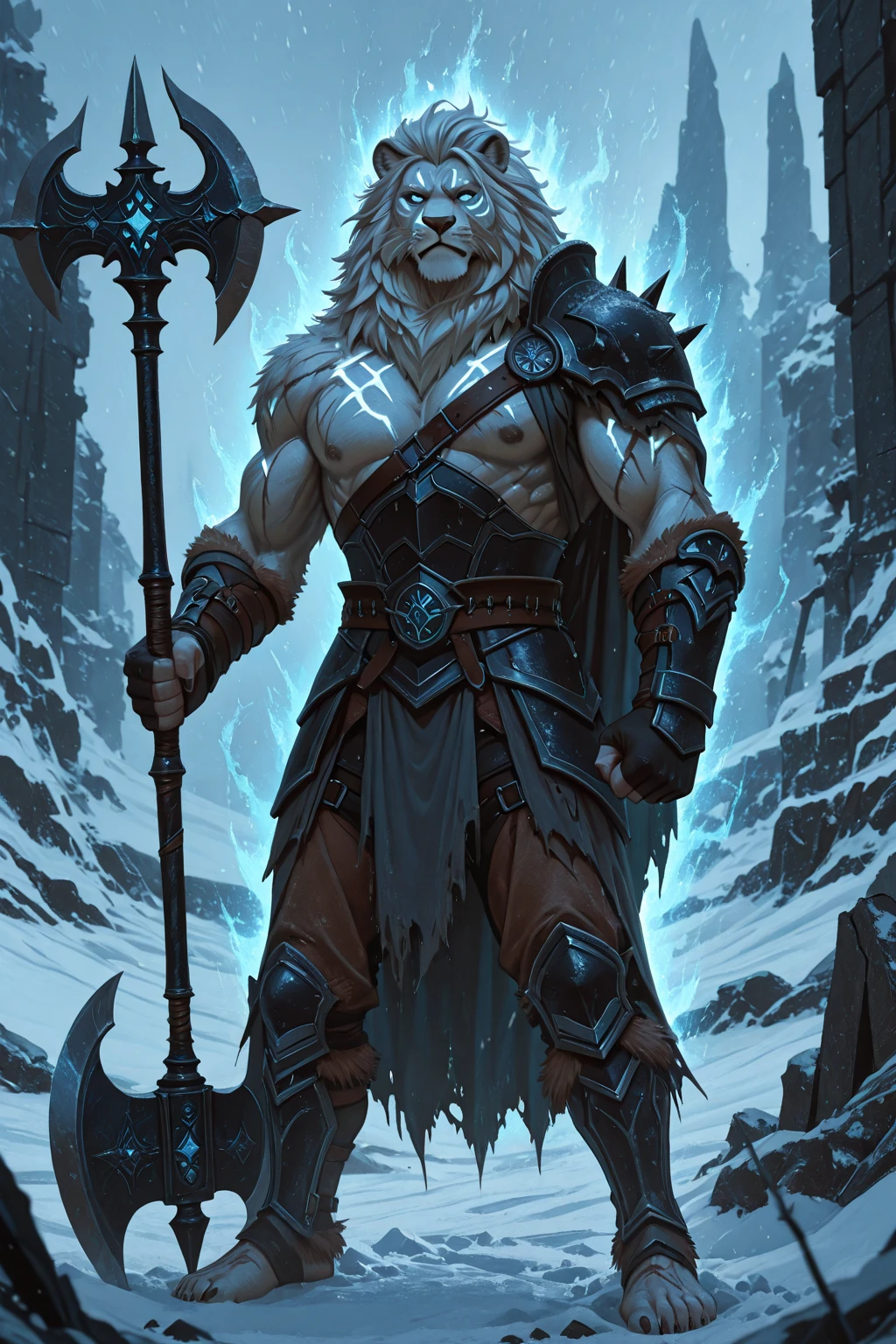 Action scene, dynamic pose, firm stance, combat stance,
Focus on (Sorcerer, Ruler, Average Height, Solid, Triangular Face, Tan Skin, Blonde Hair, black Eyes, Short Nose, Full Lips, Receding Chin, Stubble, Shoulder-length, Mohawk, A frozen tundra, with icy peaks and frozen lakes stretching as far as the eye can see) fighting (Gnoll),
In a labyrinth of mirrors in a forgotten palace, where every reflection tells a different story,