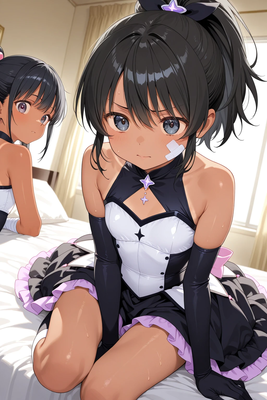 Hands Behind Back,Tied with hands behind back,lick,from front,front view,looking at viewer, looking ahead,from above,cowboy shot,2girl,Beautiful 11 year old girl,twins,Japanese,Slender,,low length,Small breasts,Thin legs,Small Ass,Baby Face,Small face,Black Hair,two side up,Drooping eyes,black eye,middle School girls,Sheer black and pink negligee,lingerie,Collar with leash,Bunny ears,open mouth,Stick out tongue, saliva ,front face,Kneeling,Straight Stand,Beautiful and detailed anime art,Desire expression,crave,cum on tongue,Dimly lit room,On the bed,Simple Background,Gray background,Low lighting,
