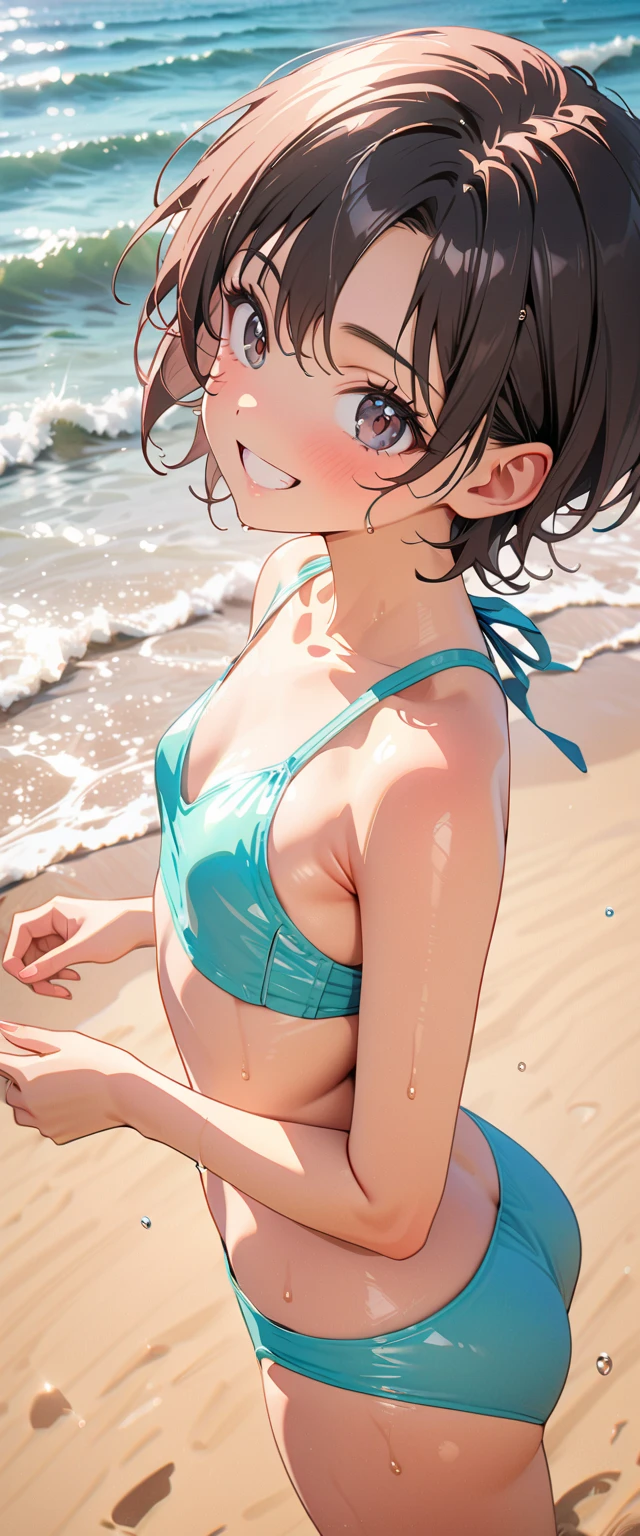 (Highest quality:1.2, Very detailed, Latest, Vibrant, masterpiece:1.2, Highest quality, Best aesthetics), smile, ((Face Up Shot:1.4)), 1980s style, 8K Ultra HD, Background Blur, smile, One Woman, Woman in bikini, Strong sunlight, Seaside, sunny, Summer sunshine, Wet Skin, Flat chest, Sandy Beach, Bobcut, low length, Dynamic Angle, very young, Get excited