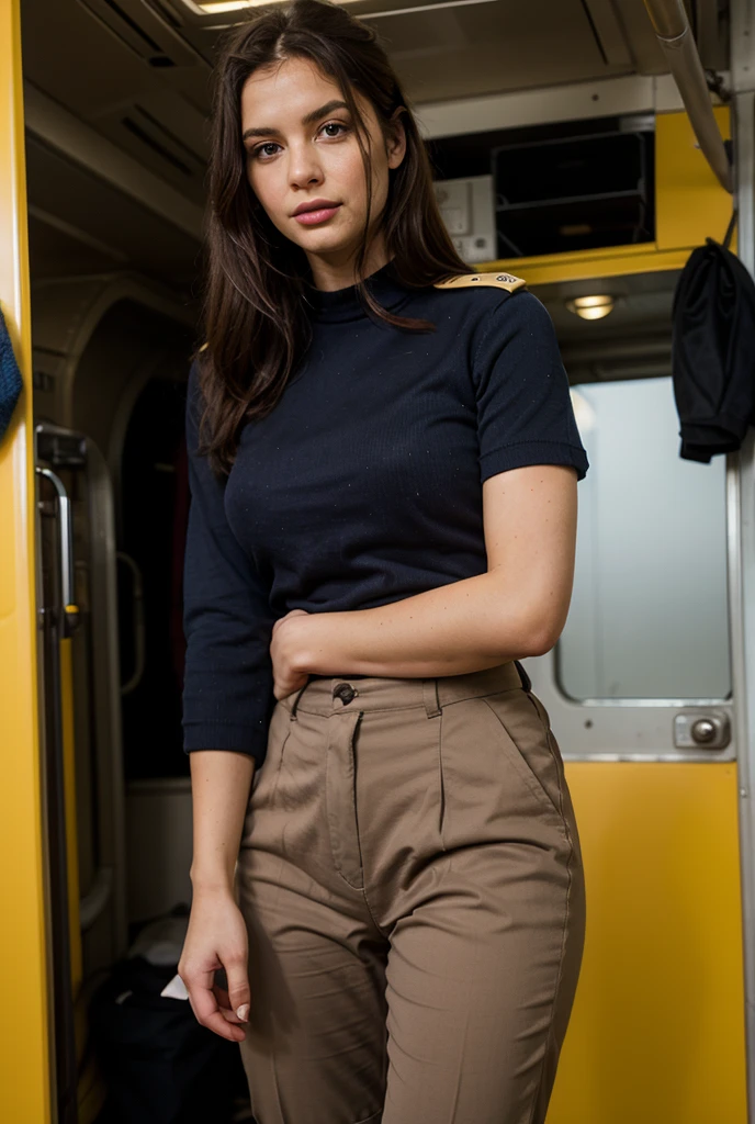 ((Robert Downey as a 14 year old pre-teen girl)), long blouse, tiny pleated skirt, waist-high black tights, high heels, full body photo, very fair skin, shaved hair, busy train car, photorealistic, indirect lighting, volumetric light, ray tracing, hyperdetailed