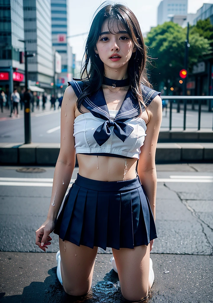hiqcg body、hiqcface、(ulzzang-6500:0.4)、(puerosface_v 1:0.9)、Realistic、(photorealestic:1.3)
sailor collar、croptop、neckerchief、micro-skirt、High-leg shorts、Black Shorts、Striped thighs、Rabbit ears、elbow gloves、boots、Bare shoulders、Public place、In the street、Crowds、ten mens々、A masterpie、beste Quality、Elaborate design