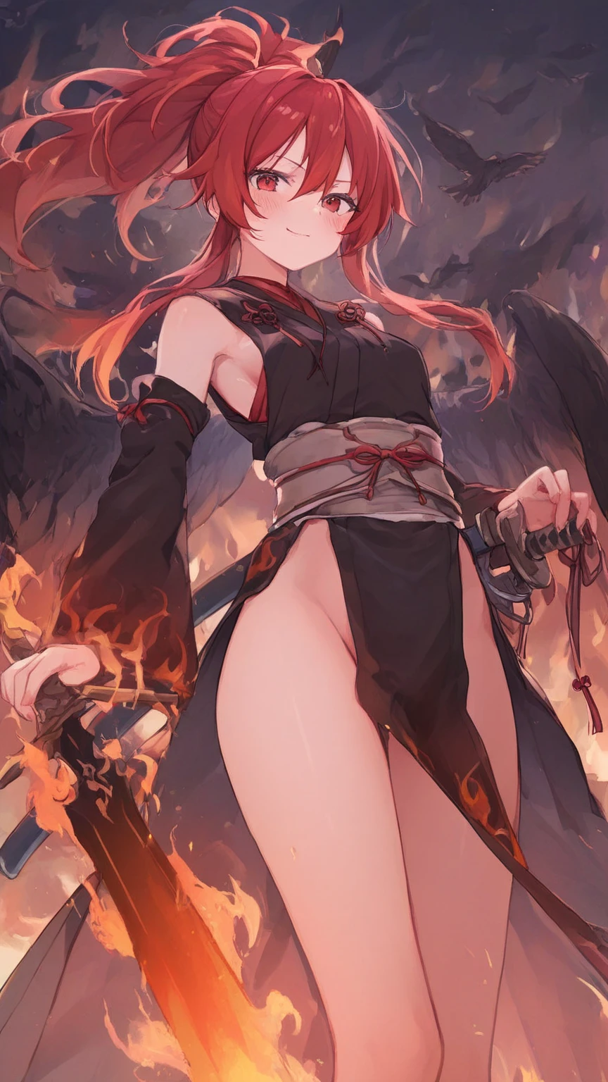 red eyes、naked、(((pubic hair)))、female organ、strong wind、storm、tattoo、Beautiful Girl Magician、Red-haired twin tails、((whole body))、(((photo taken from below)))、darkne magic circle、cloak