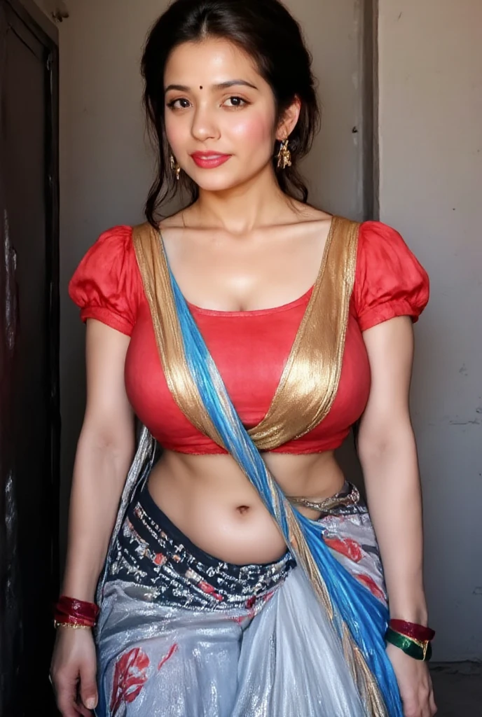 Beautiful indian women in saree only blouse with big 