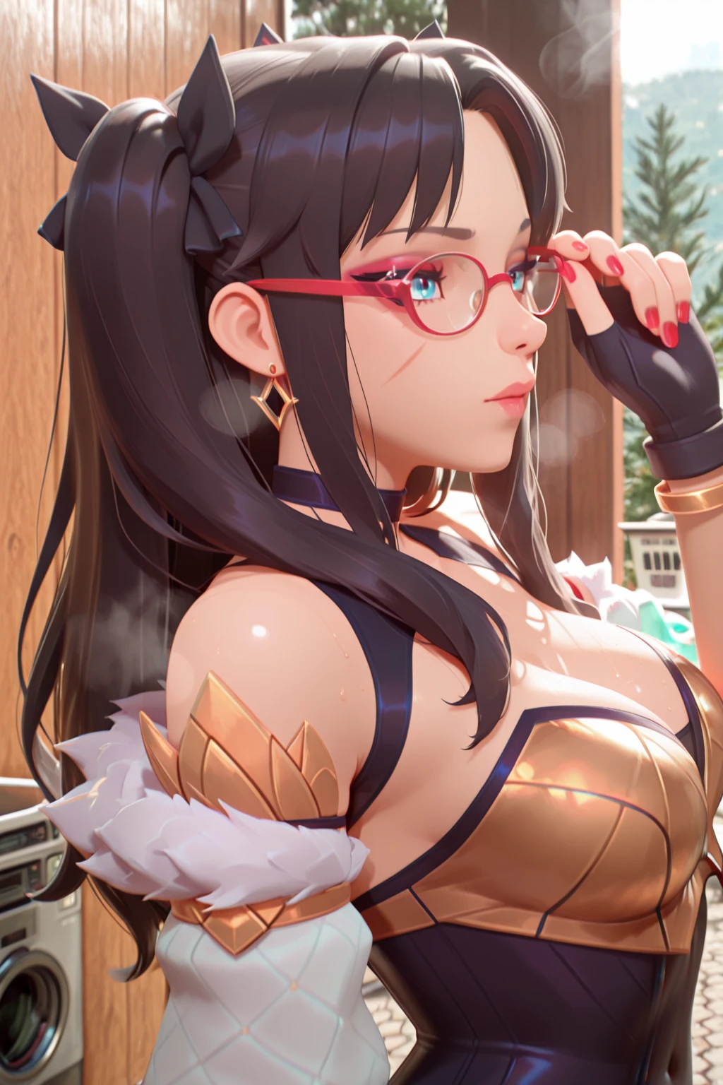 solo、Alone、１Alone。masterpiece, uhd, best quality, highres, 8k、(noline:1.5)、shoot from above、upper body shot。Beautiful woman with horse ears、Mature Woman、Big Breasts。Pink Lipstick、Smile。hair ornaments、necklace。Light blue dress、sweater、Shoulder less、Attached sleeves、Thick Yarn、Mesh pattern、knitting、Veil、Veil、Cape。Hands on hips。breeze、Starry Sky、cliff