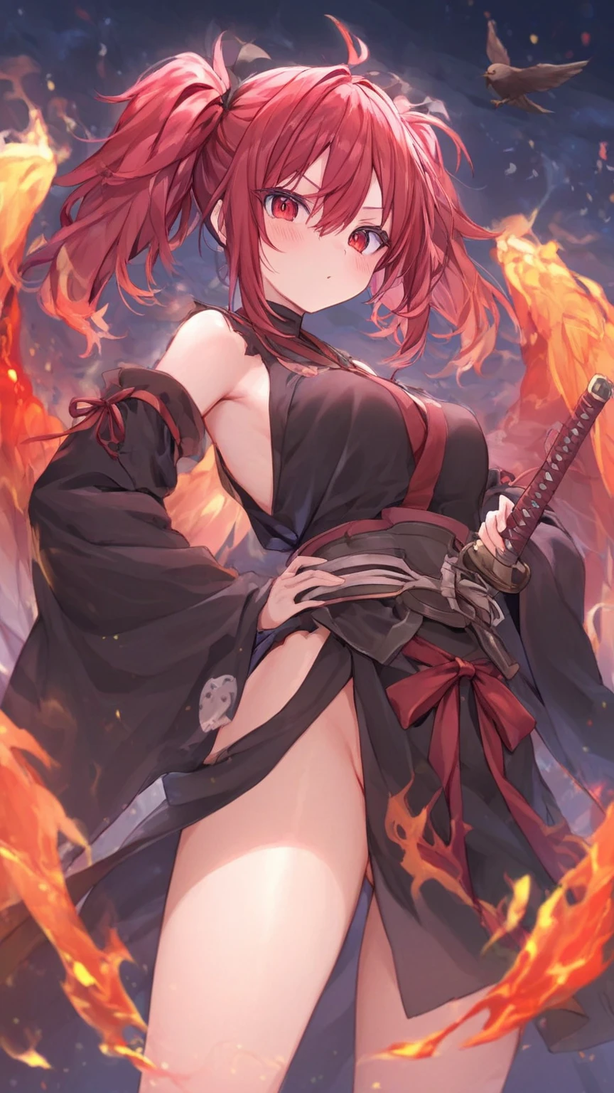 solo, 1 girl, 17yo, flame witch kimono, flame witch hat, magic wand with red gem, long twintails, red eyes, (beautiful face and beautiful eyes:1.36), huge breasts, big butt, glamorous body, angle from back below