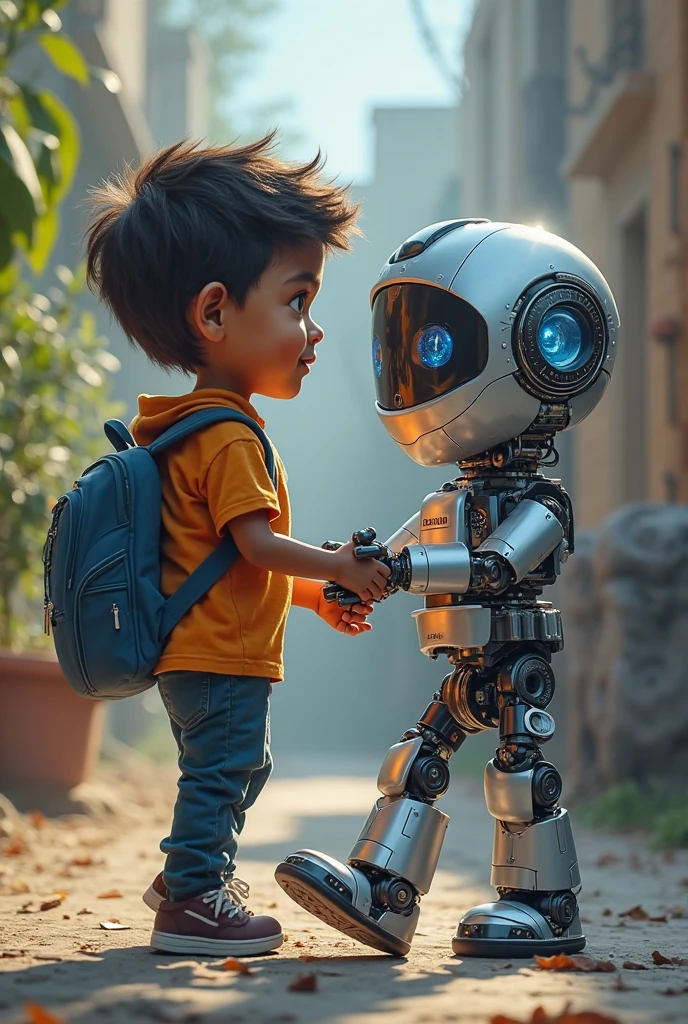 Robot helping cute eyes closed with black glasses
child to walk carefully in road