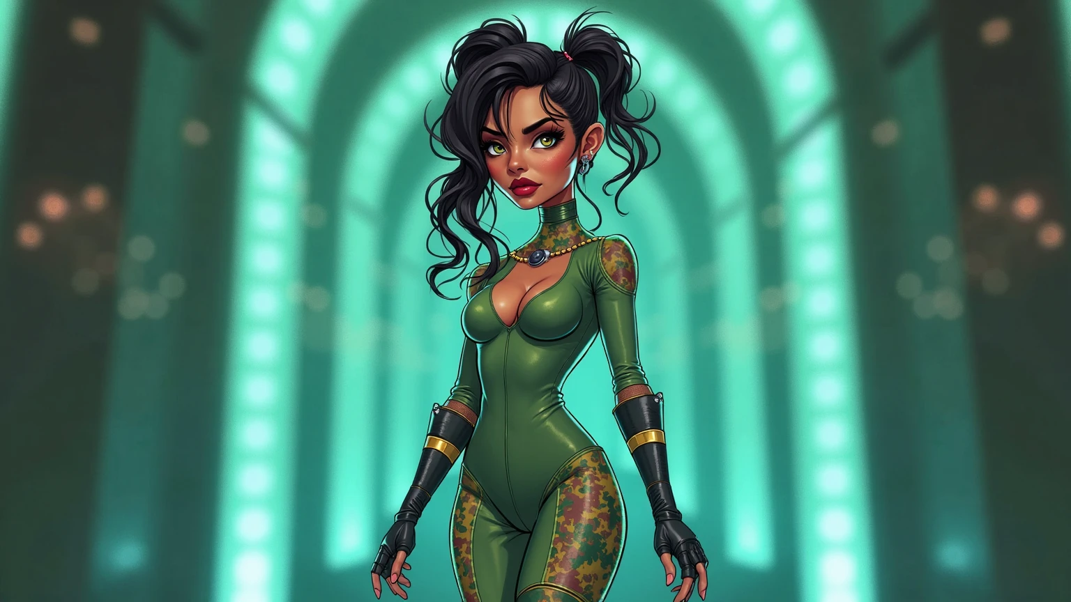 25 year old girl with short bob style hair, dark green eyes,with anime style clothes,with top and chameleon tattoo 