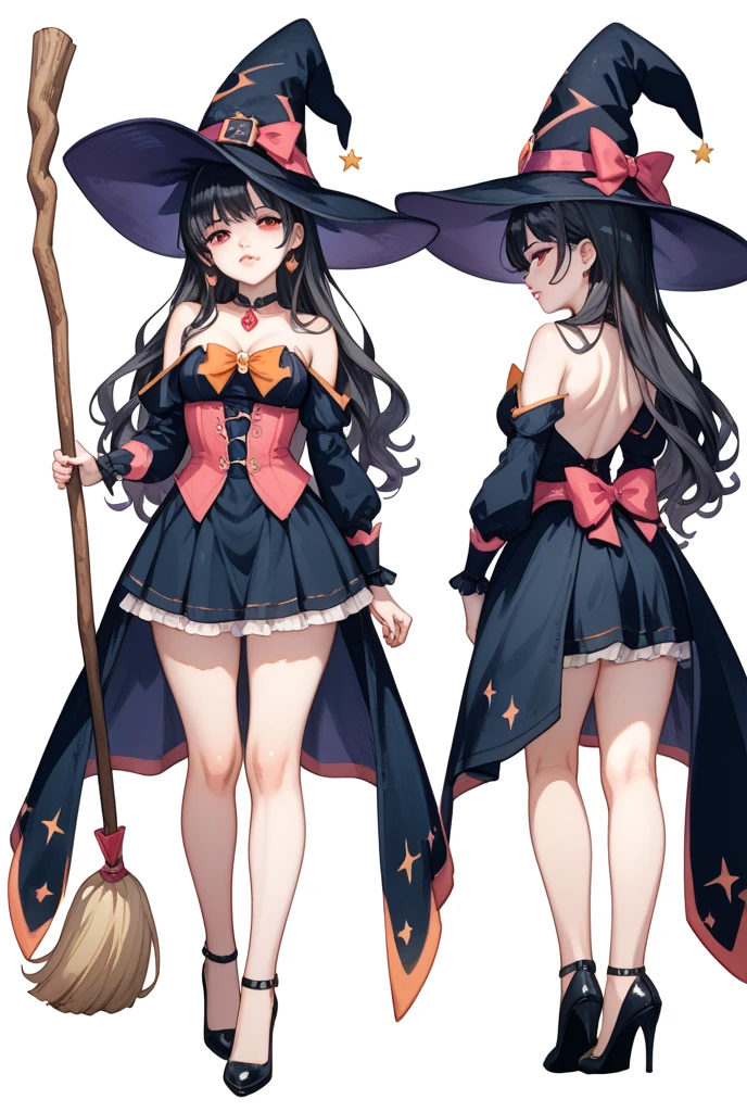 ((masterpiece)),(((best quality))),(character design sheet, same character, same outfit, front view, side view, back view), illustration, 1 girl, alone, beautiful girl, genshin impact style, full-body, witch, purple witch costume, scholar mini skirt, scholar shirt, big witch hat, golden eyes, long black hair, medium breasts, corset, open legs, thick thighs, black tight thigh stockings, big butt.