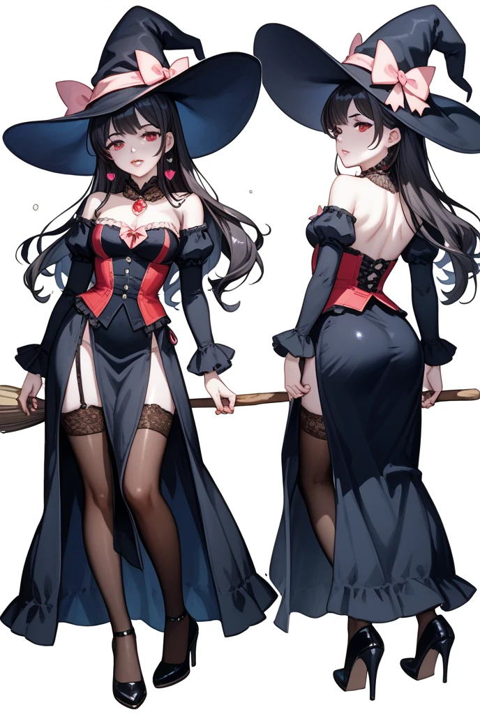 ((masterpiece)),(((best quality))),(character design sheet, same character, same outfit, front view, side view, back view), illustration, 1 girl, alone, beautiful girl, genshin impact style, full body, witch, purple witch costume, scholar mini skirt, scholar shirt, big witch hat, golden eyes, long black hair, medium breasts, corset, open legs, thick thighs, black tight thigh stockings, big butt.